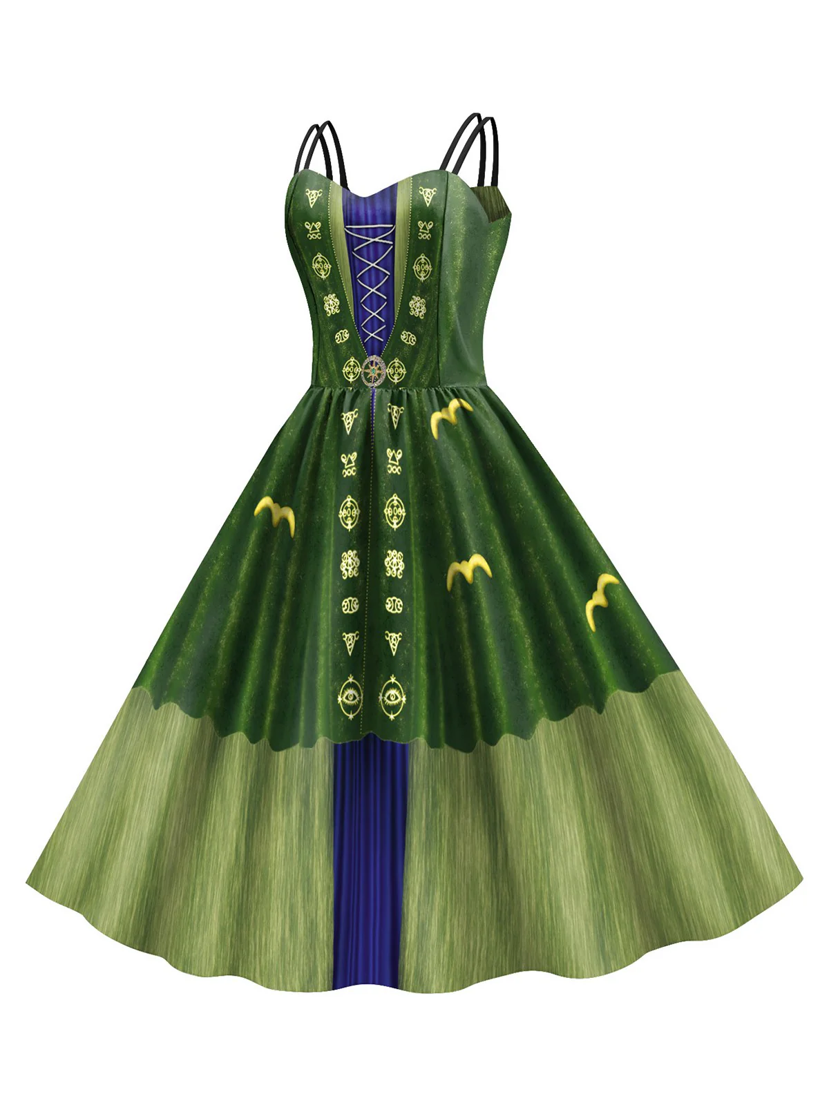 Green 1950s Halloween Double Straps Patchwork Dress - Image 2
