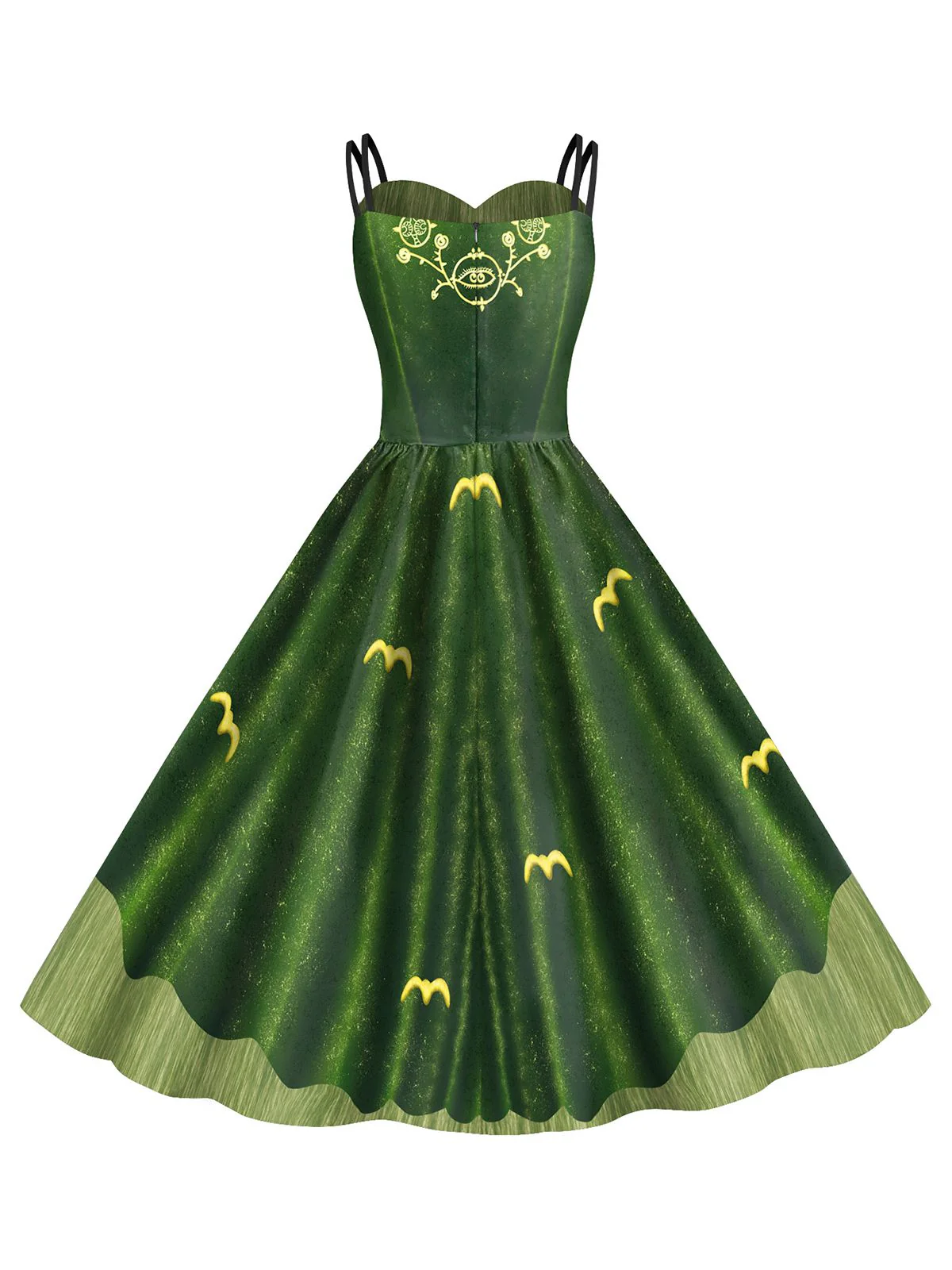 Green 1950s Halloween Double Straps Patchwork Dress - Image 3