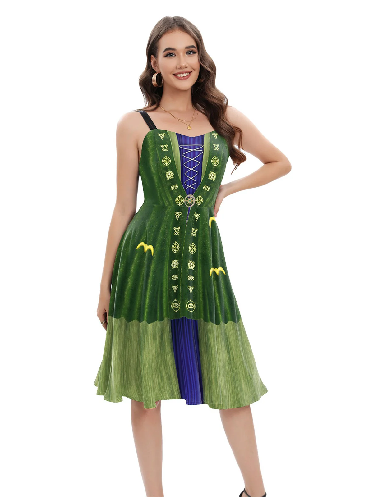 Green 1950s Halloween Double Straps Patchwork Dress - Image 4