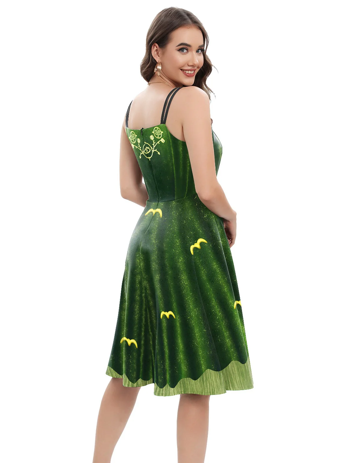 Green 1950s Halloween Double Straps Patchwork Dress - Image 5