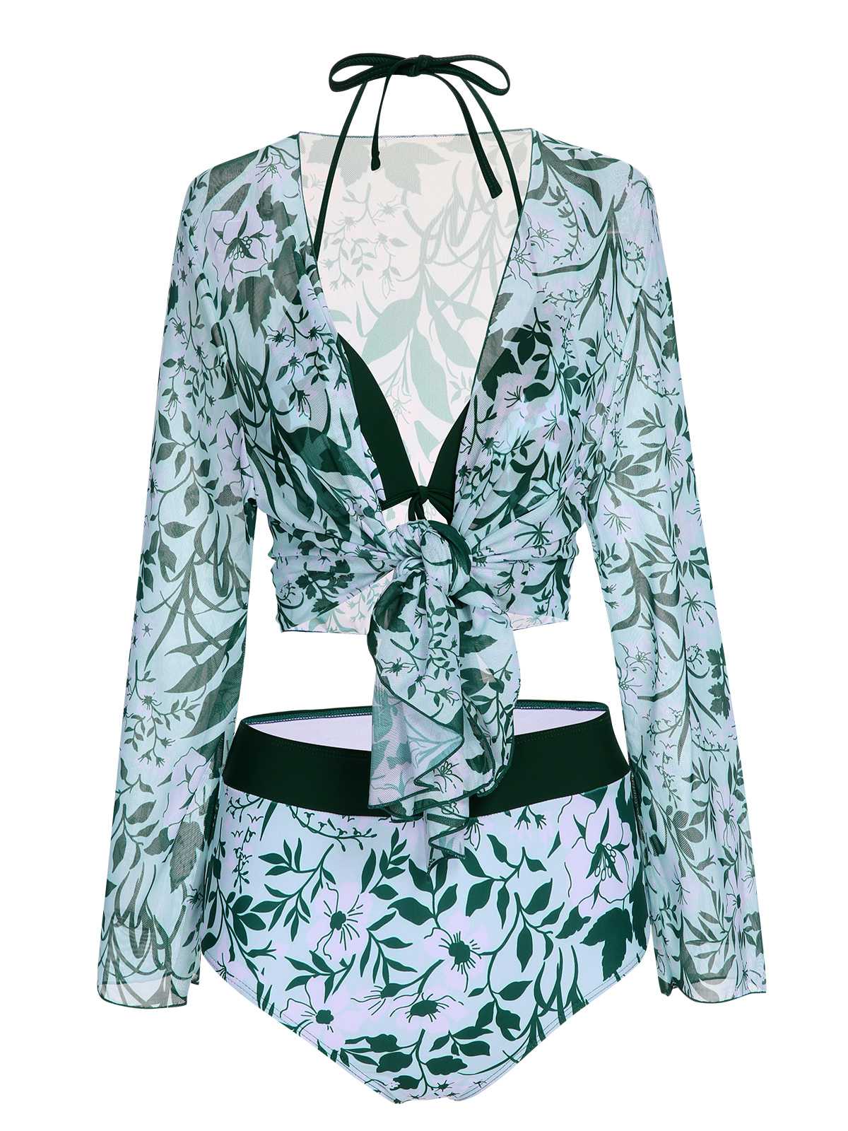Green 1950s Halter Plants Print Swimsuit & Cover-Up - Image 4