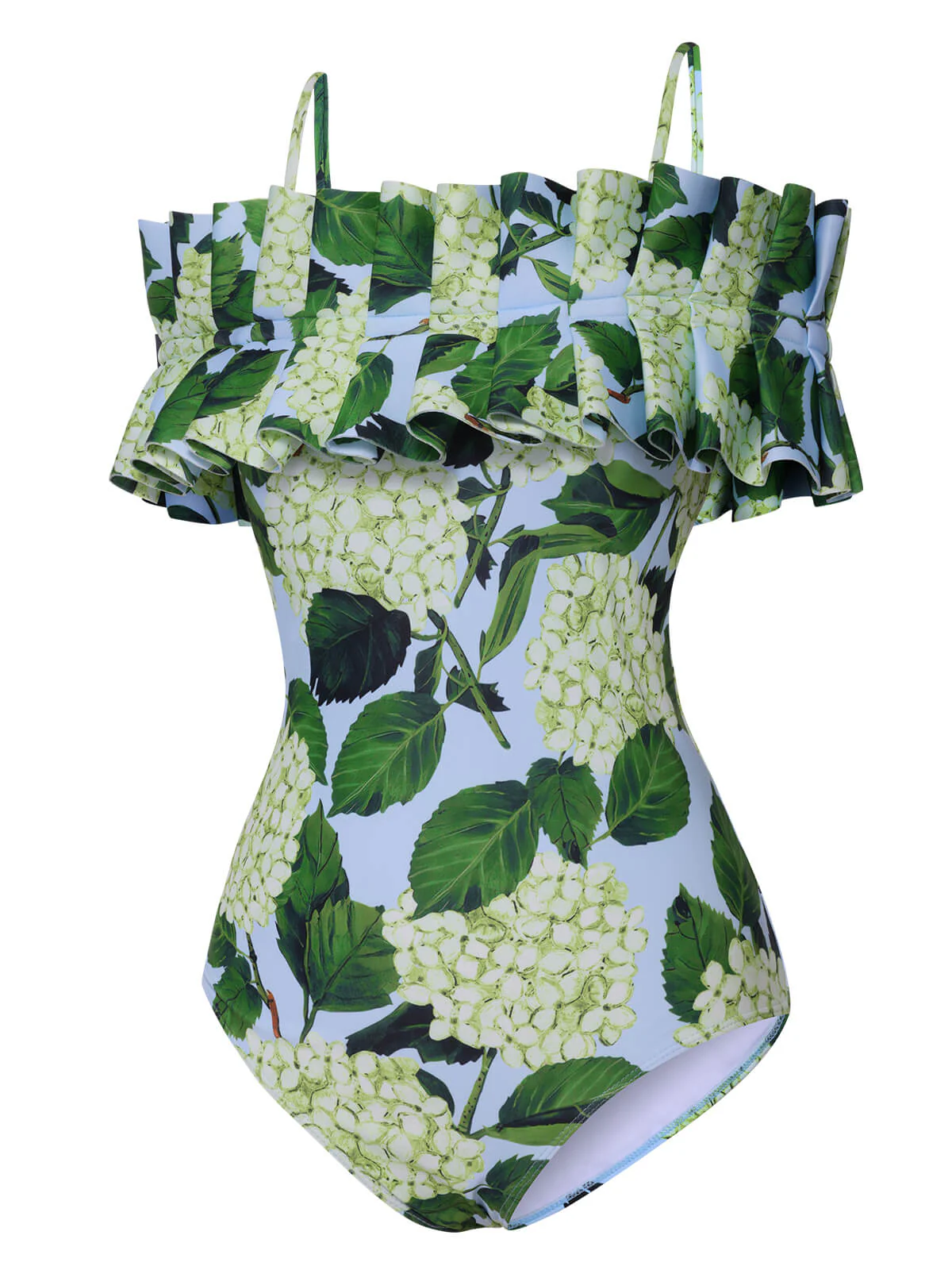 Green 1950s Hydrangea Floral Cold-Shoulder Swimsuit - Image 2