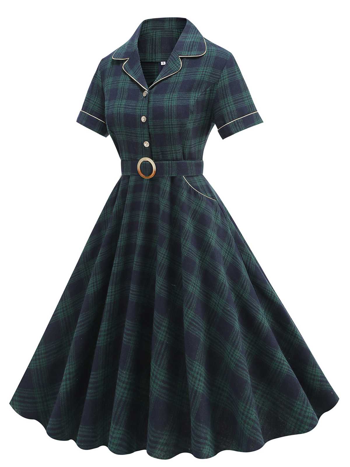 Green 1950s Lapel Plaids Swing Dress - Image 2