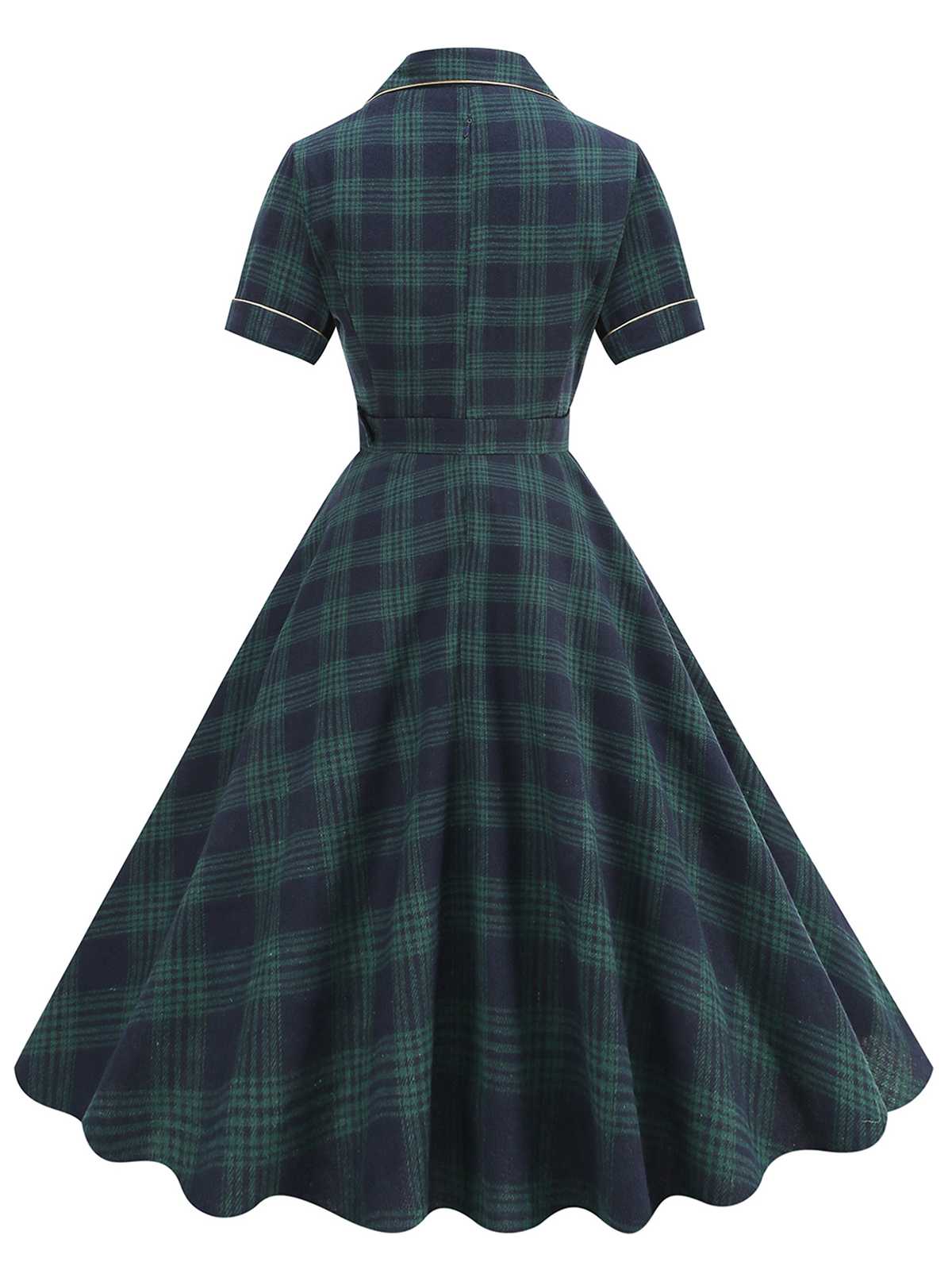 Green 1950s Lapel Plaids Swing Dress - Image 3