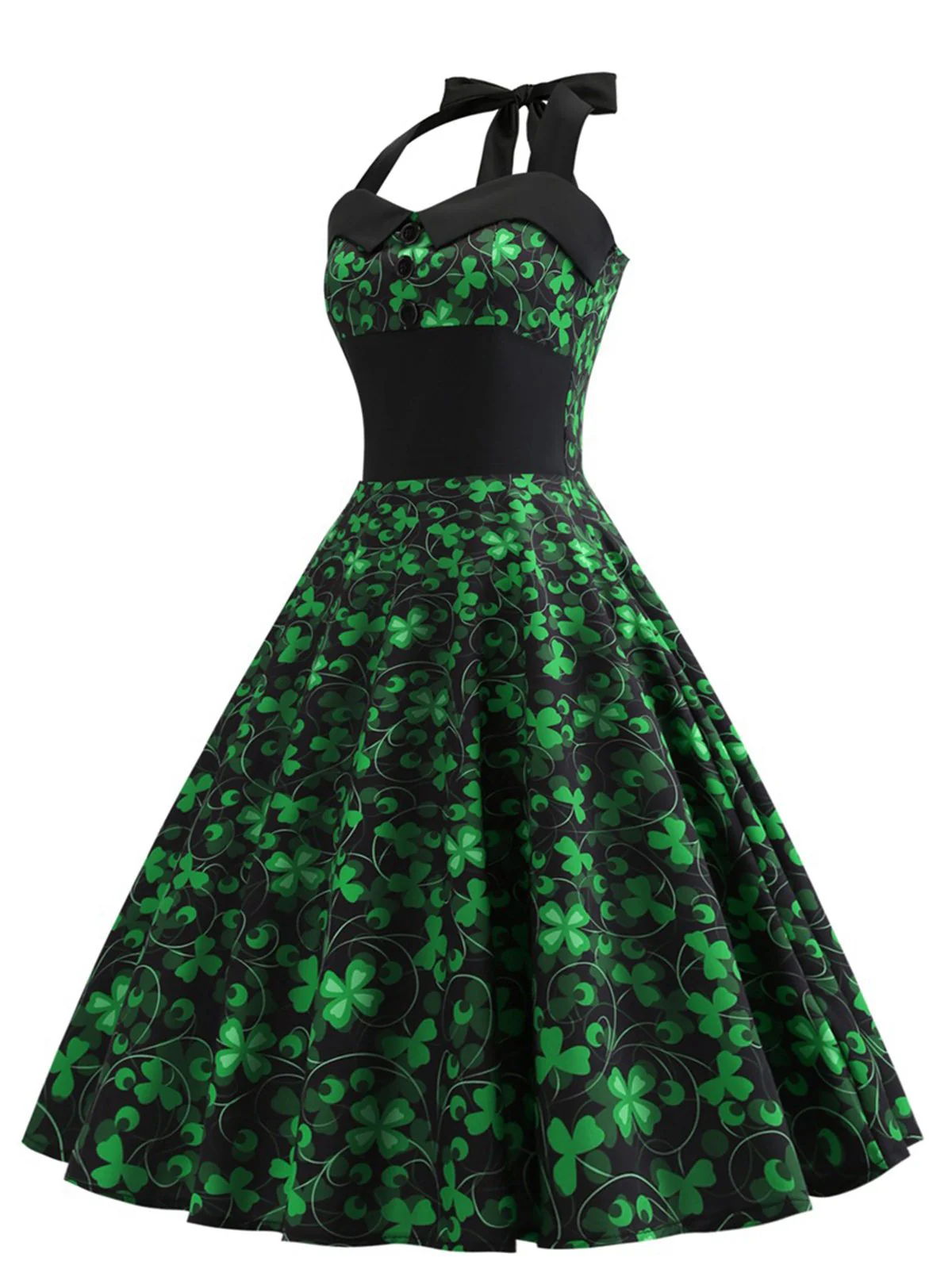 Green 1950s Lucky Clover Halter Patchwork Dress - Image 2