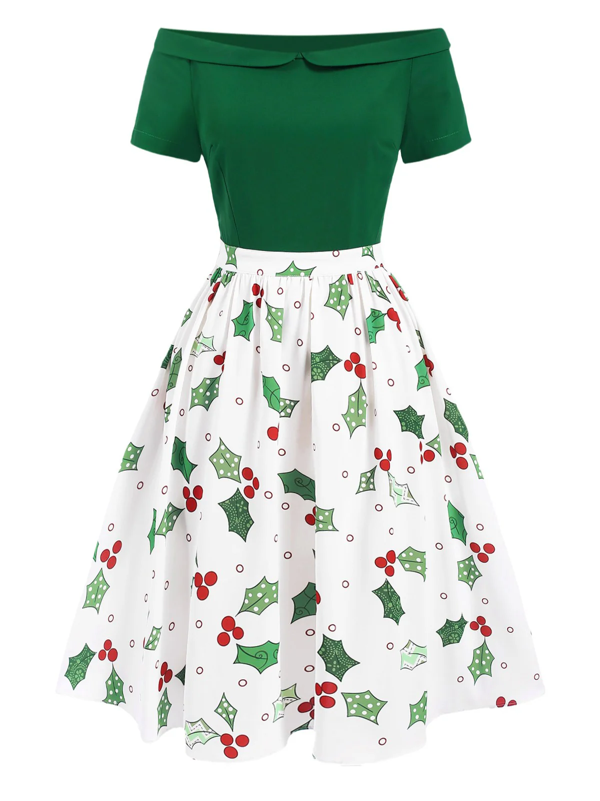 Green 1950s Off-Shoulder Christmas Patchwork Dress - Image 2