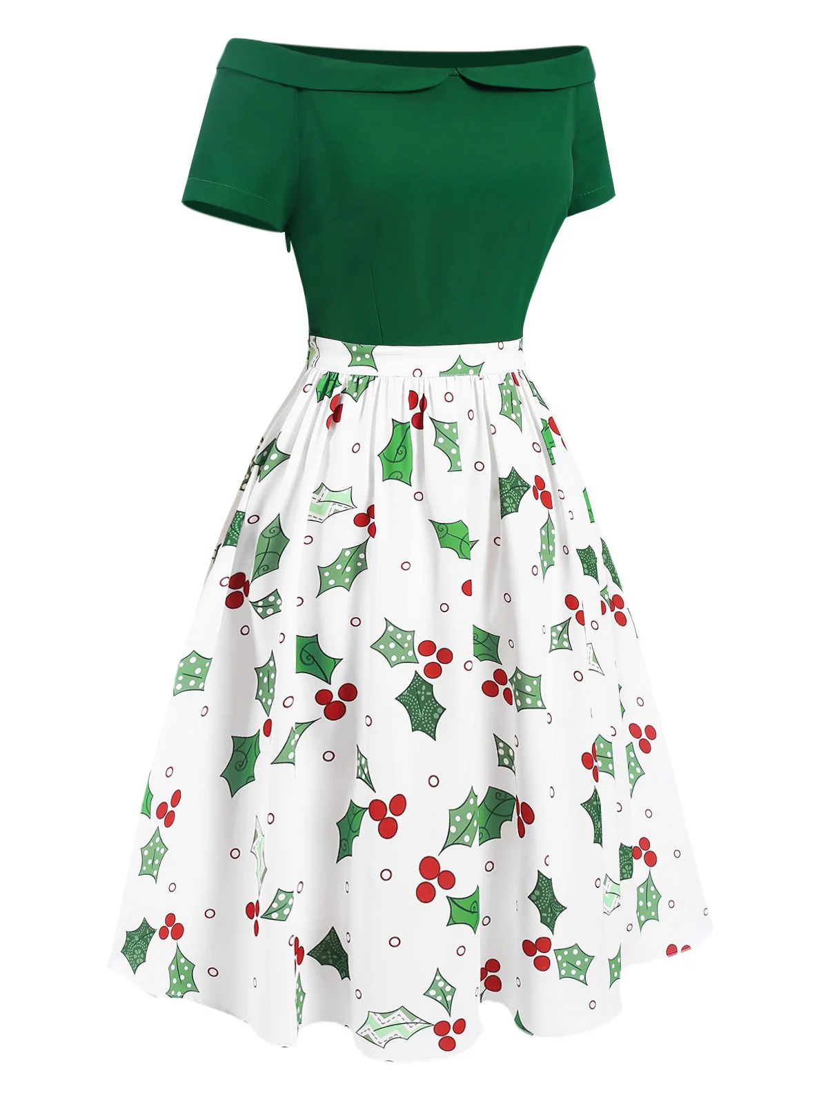 Green 1950s Off-Shoulder Christmas Patchwork Dress - Image 3