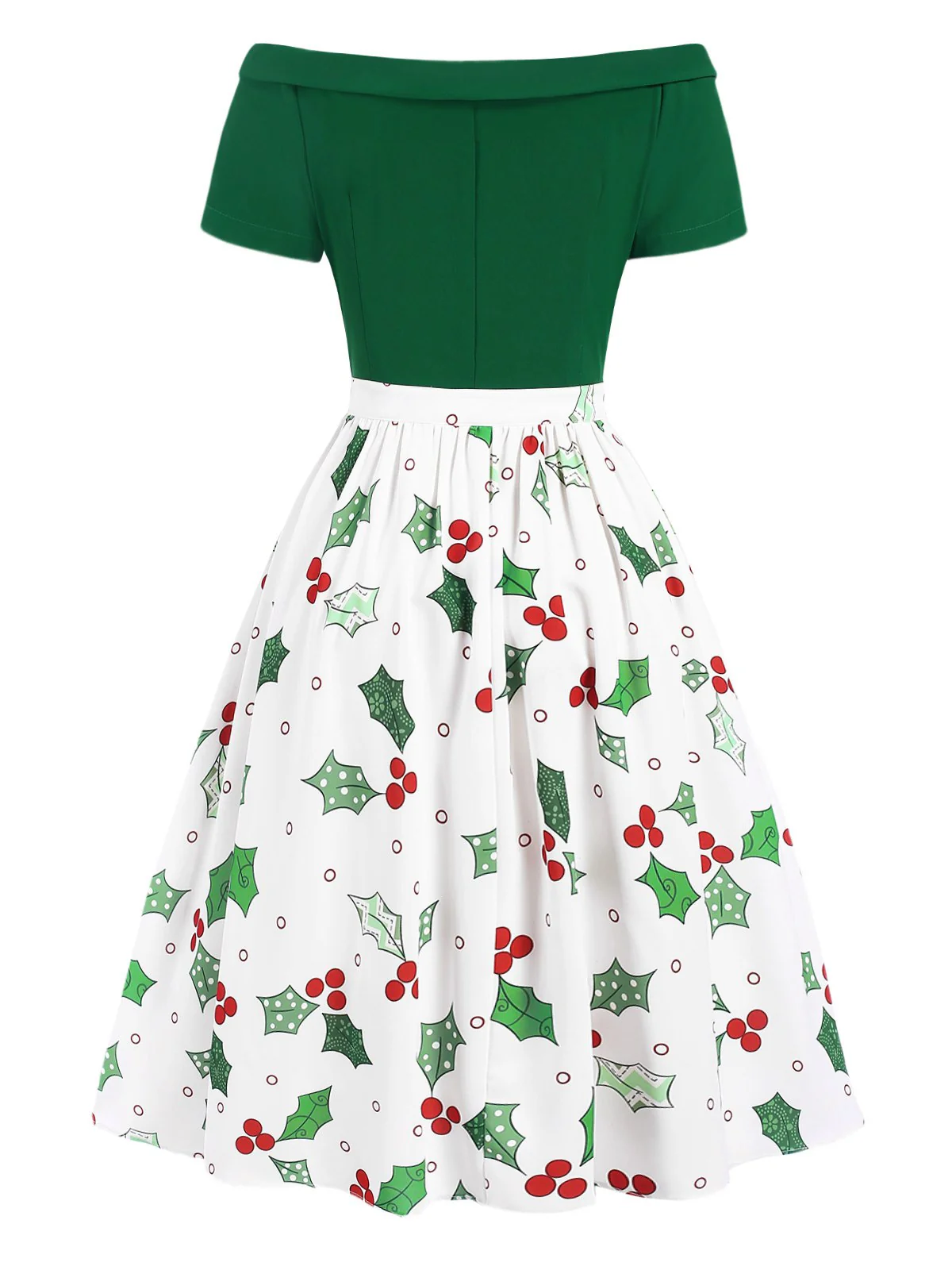 Green 1950s Off-Shoulder Christmas Patchwork Dress - Image 4