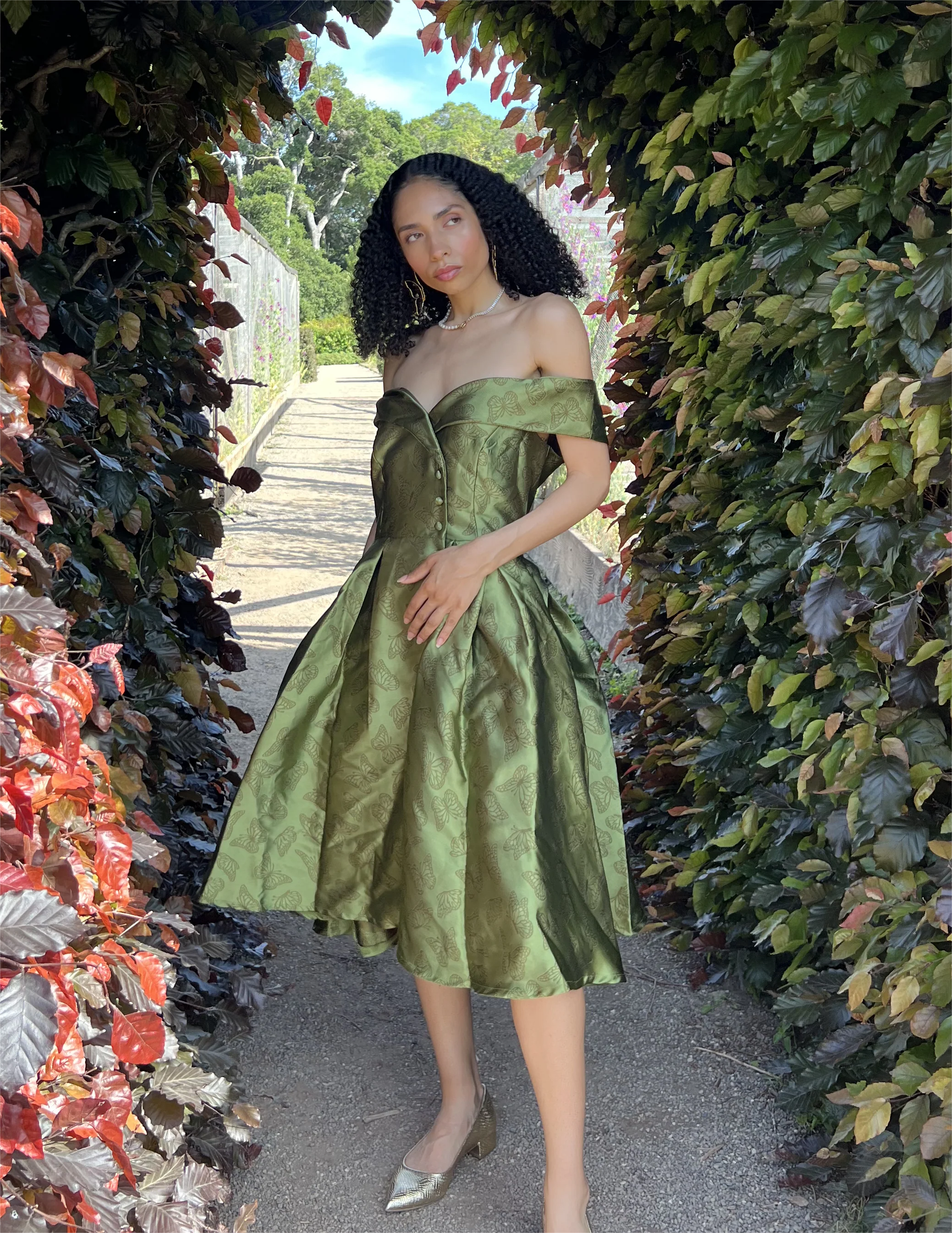 Green 1950s Off-Shoulder Vintage Dress - Image 5