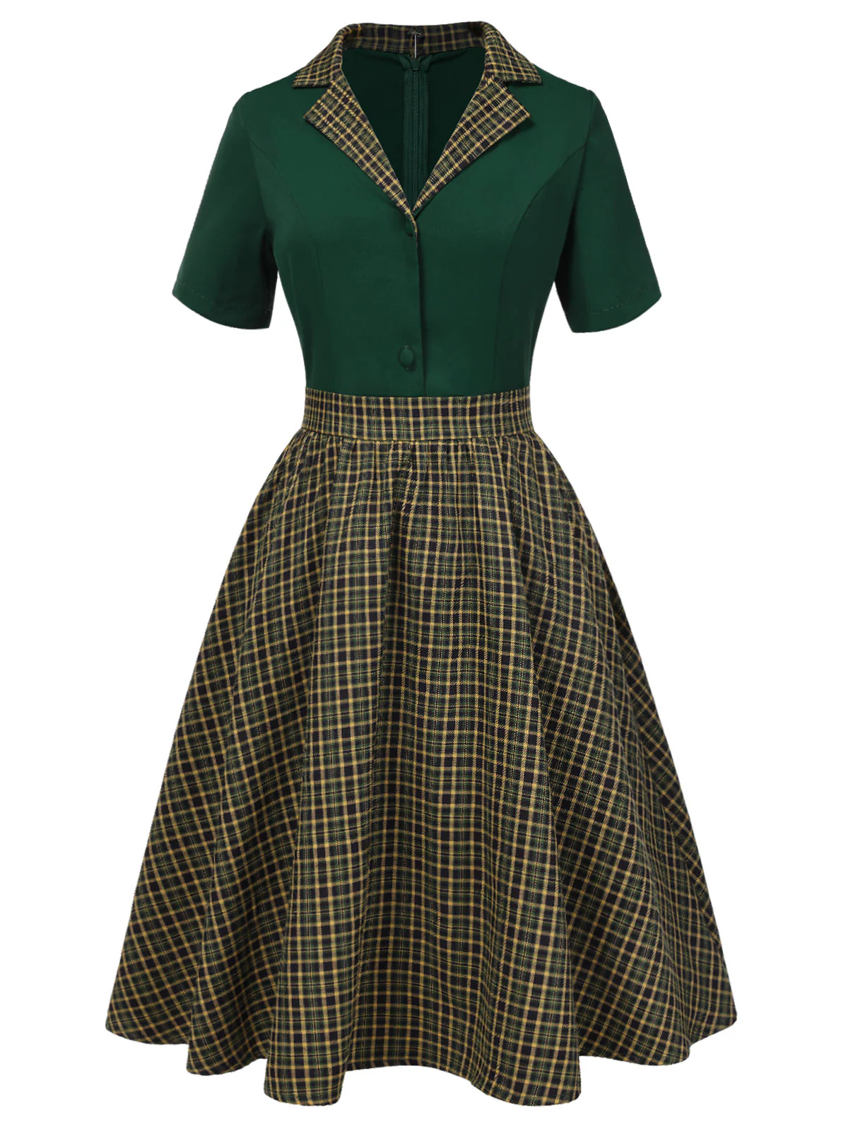 Green 1950s Plaid Patchwork Lapel Dress - Image 2