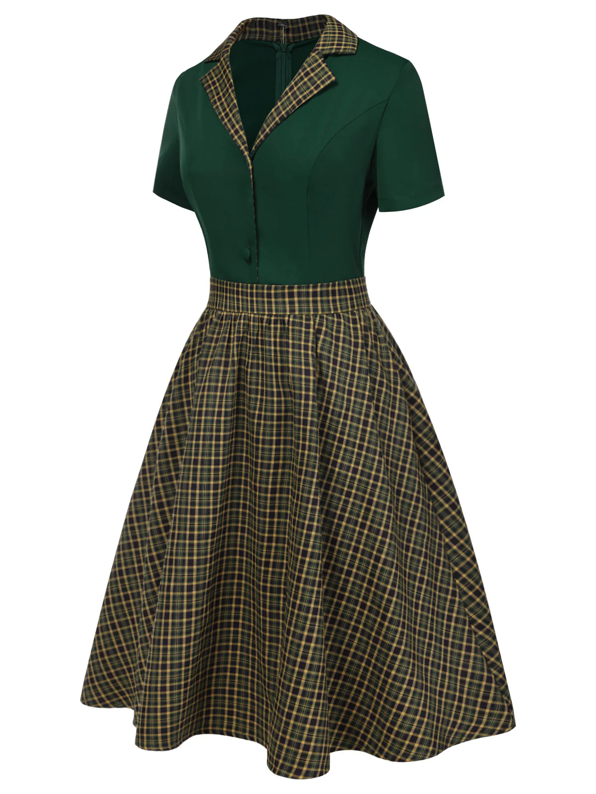 Green 1950s Plaid Patchwork Lapel Dress - Image 3