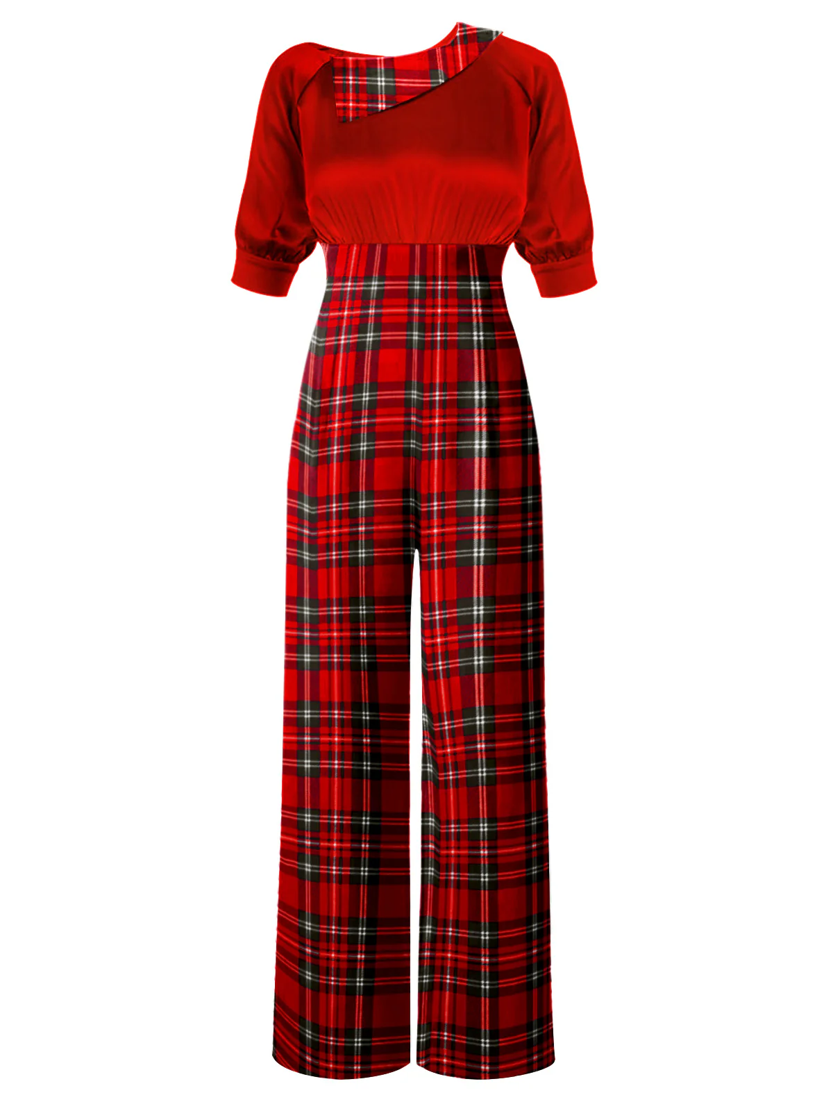 Green 1930s Plaid Patchwork Puff Jumpsuit - Image 10