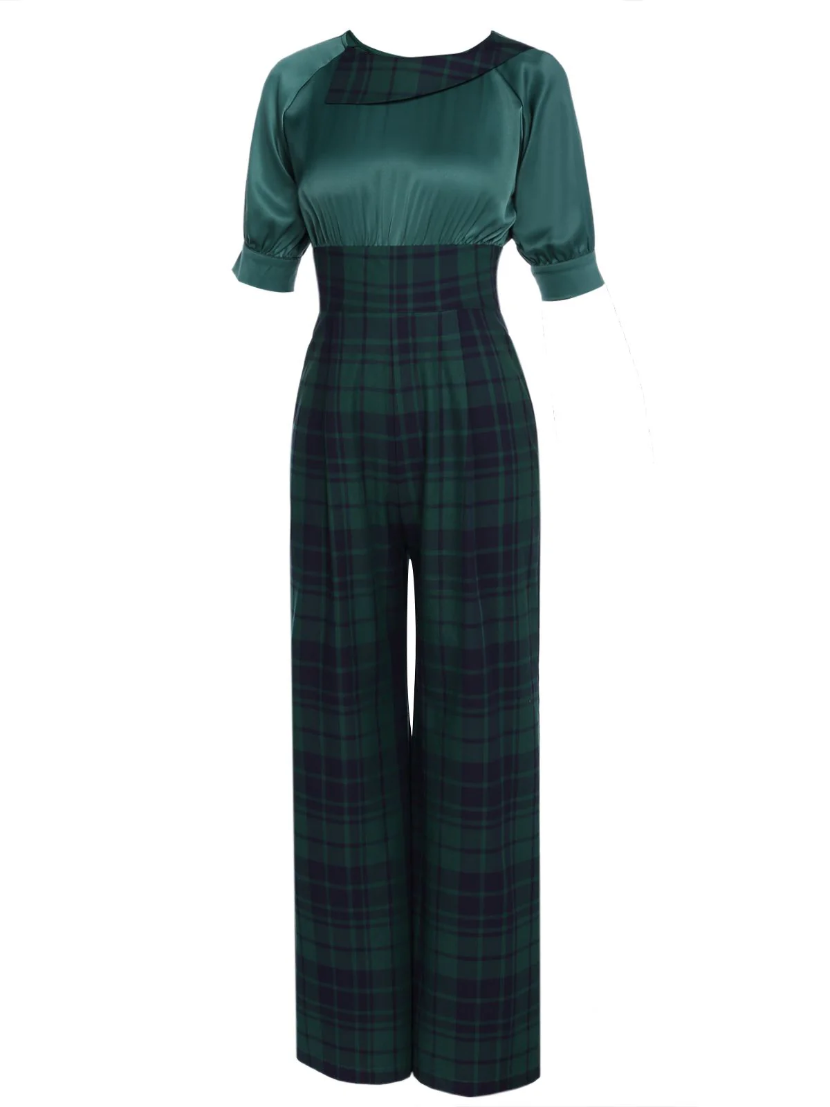 Green 1930s Plaid Patchwork Puff Jumpsuit - Image 2