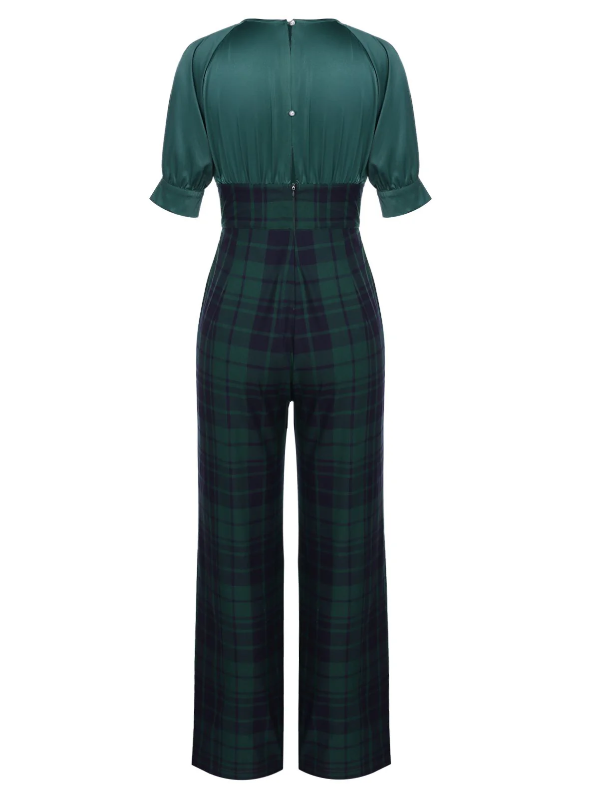Green 1930s Plaid Patchwork Puff Jumpsuit - Image 3