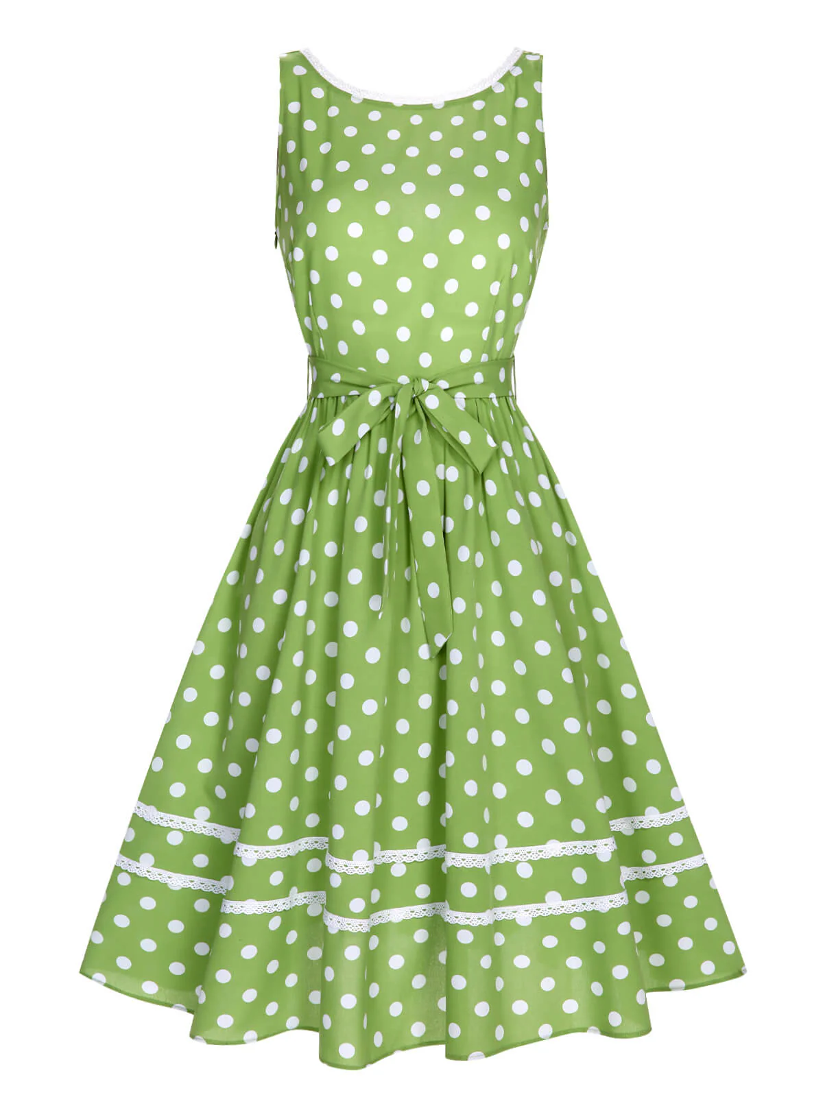 Green 1950s Polka Dot Lace Binding Dress - Image 2