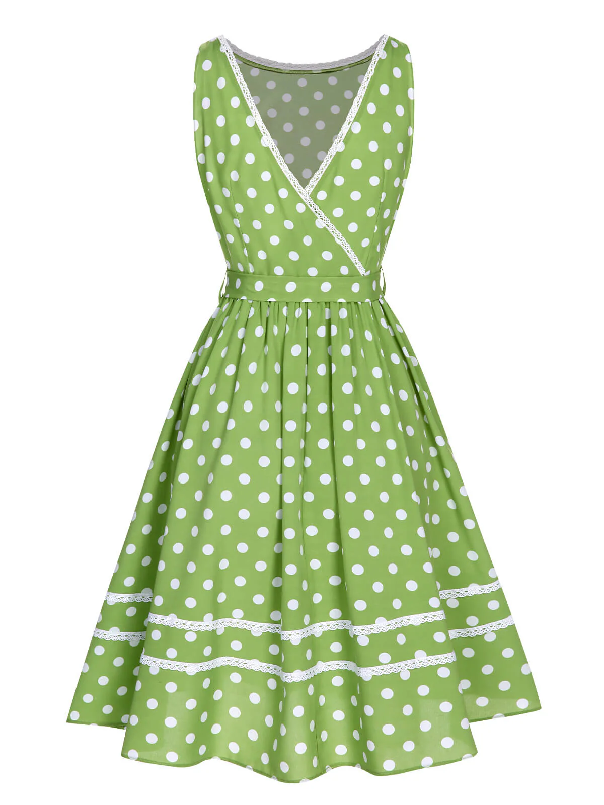Green 1950s Polka Dot Lace Binding Dress - Image 4