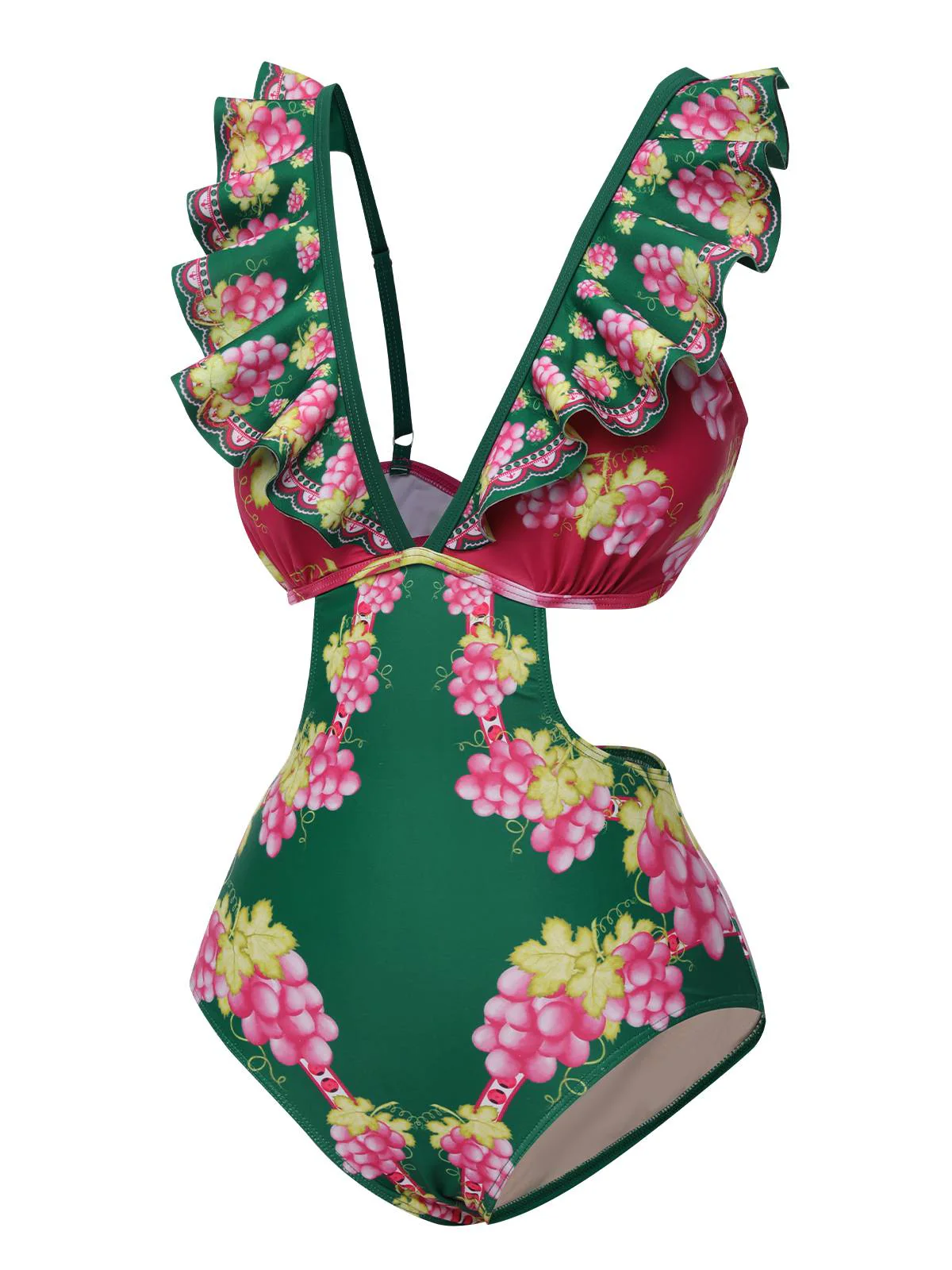 Green 1950s Retro-Flowers V-Neck Swimsuit - Image 3