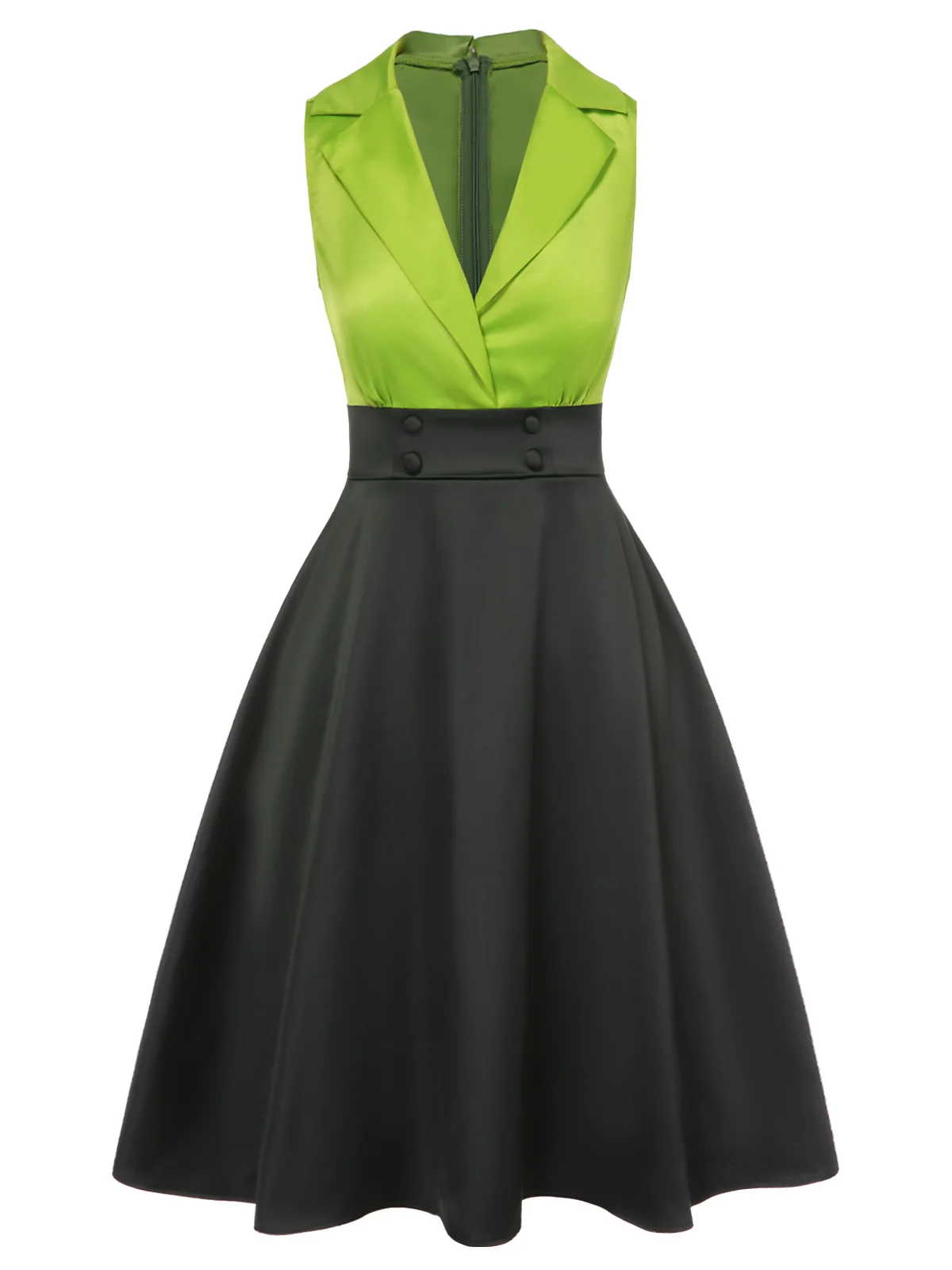 Green 1950s Satin Lapel Patchwork Dress - Image 2