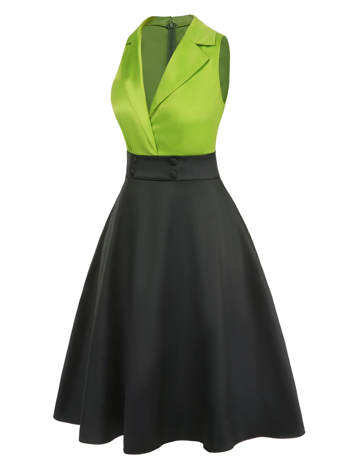 Green 1950s Satin Lapel Patchwork Dress - Image 3