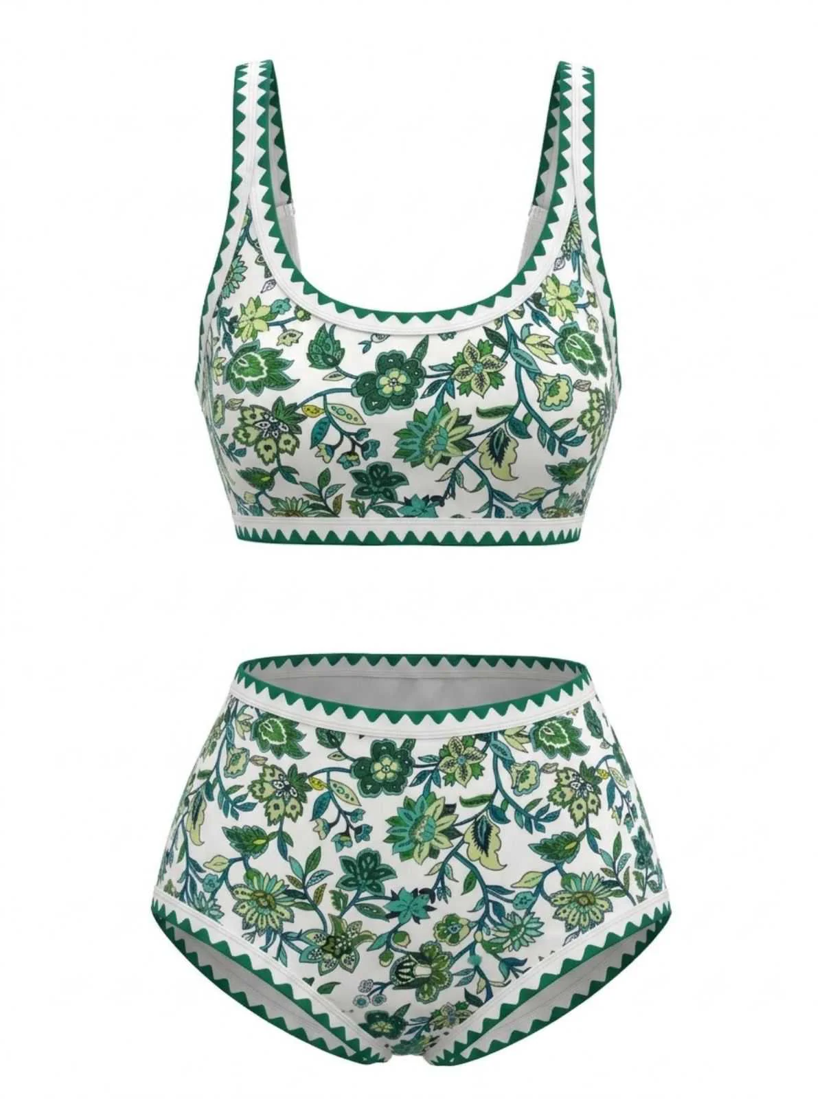 1950s Scoop Neck Floral High-Waist Bikini Set - Image 7