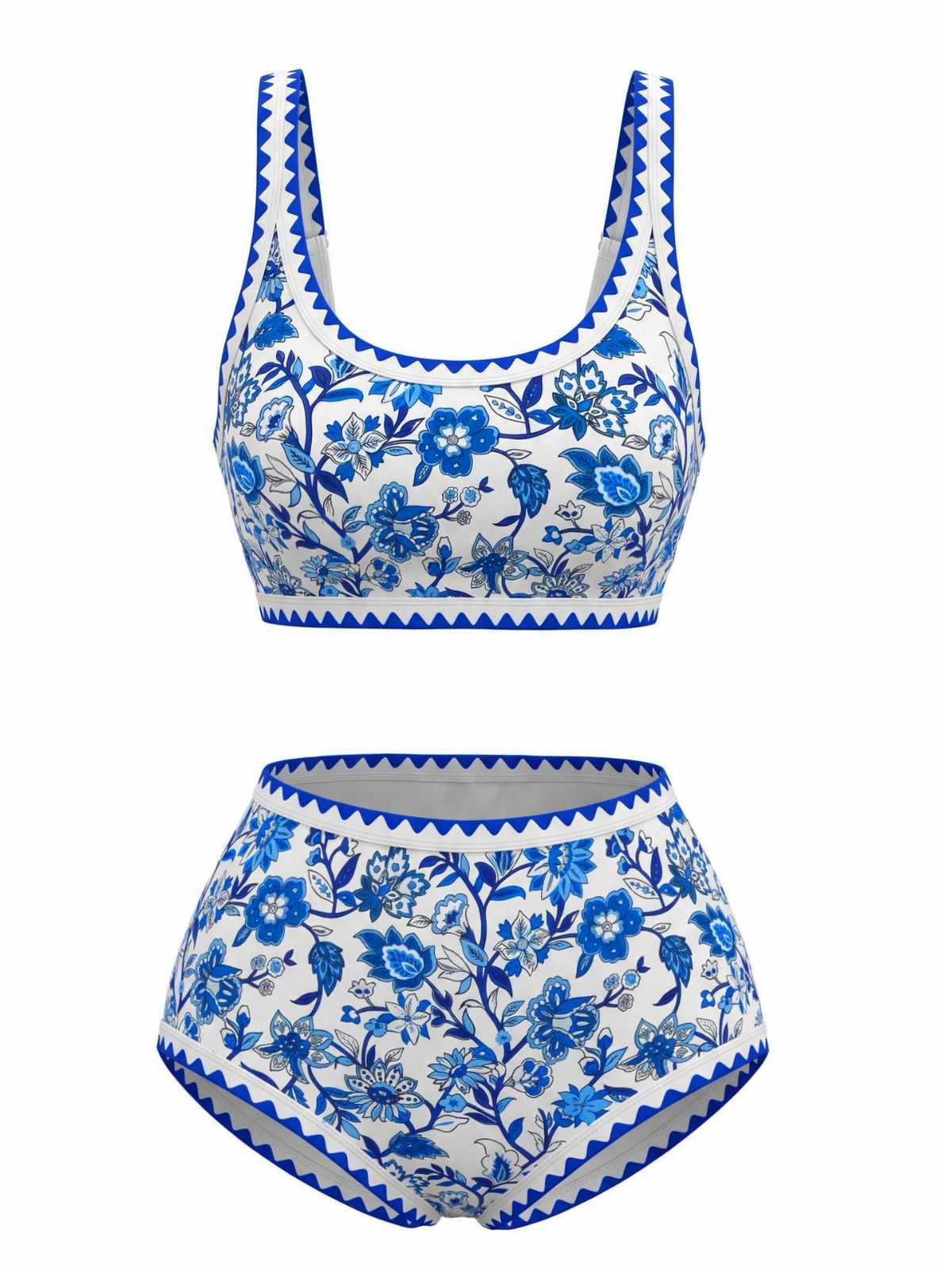 1950s Scoop Neck Floral High-Waist Bikini Set - Image 2