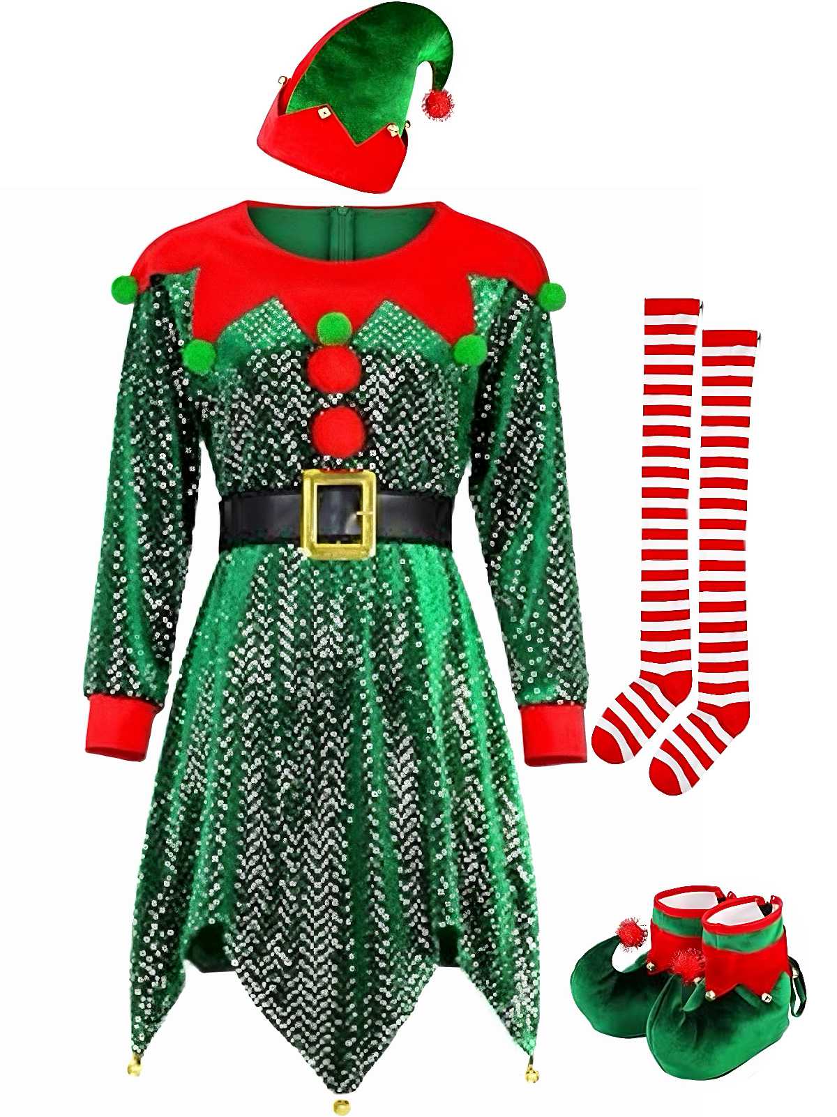 Green 1950s Sequin Christmas Elf Costume Set - Image 2