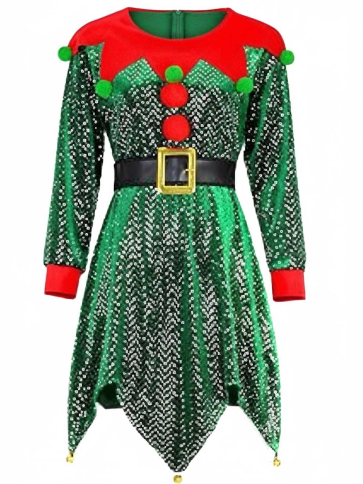 Green 1950s Sequin Christmas Elf Costume Set - Image 4
