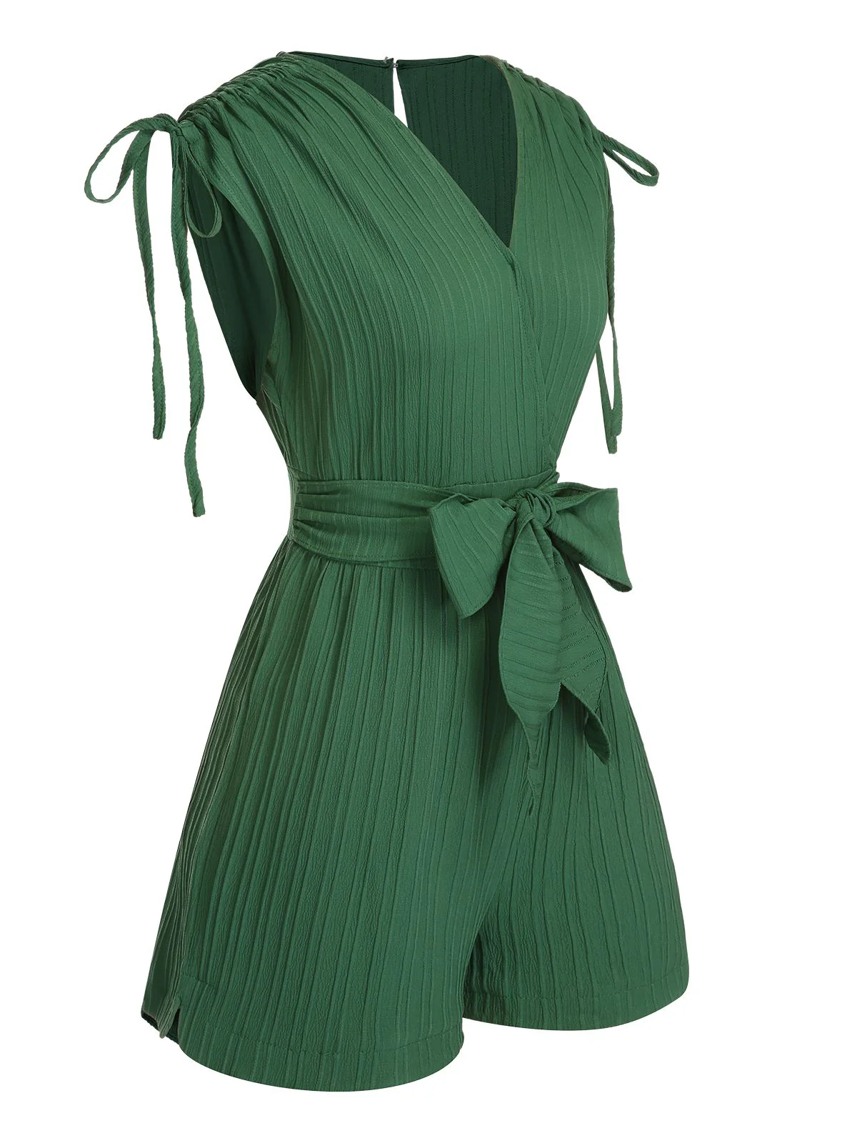 Green 1950s Solid Belt V-Neck Romper - Image 3
