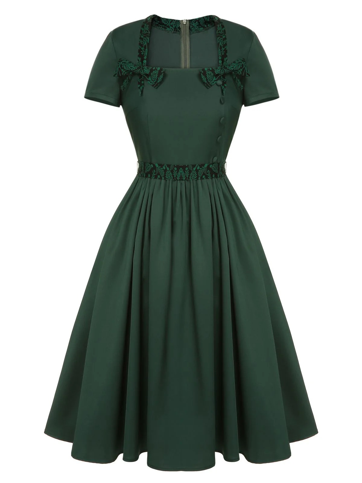 Green 1950s Solid Bow Square Collar Dress - Image 2