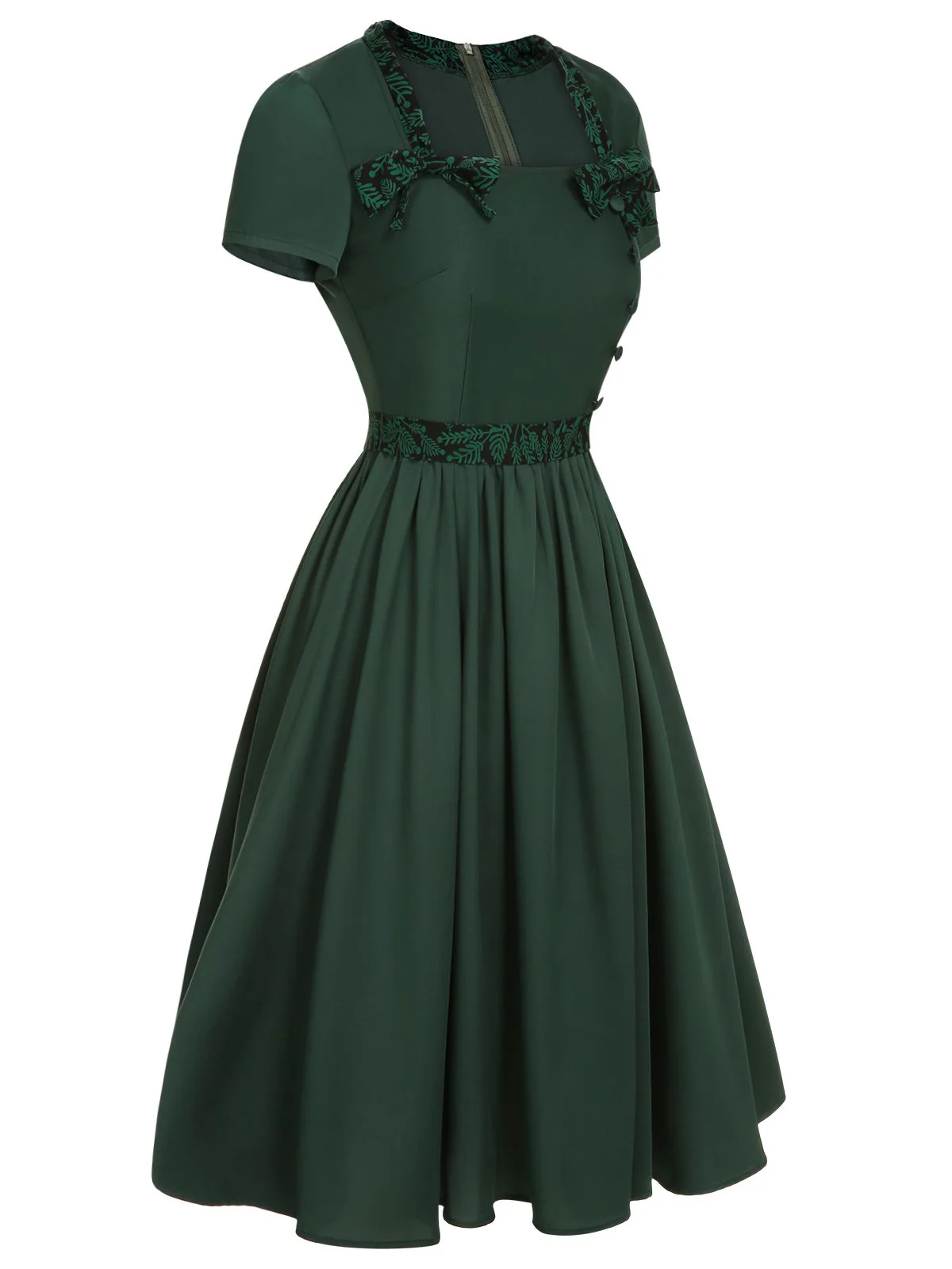 Green 1950s Solid Bow Square Collar Dress - Image 3