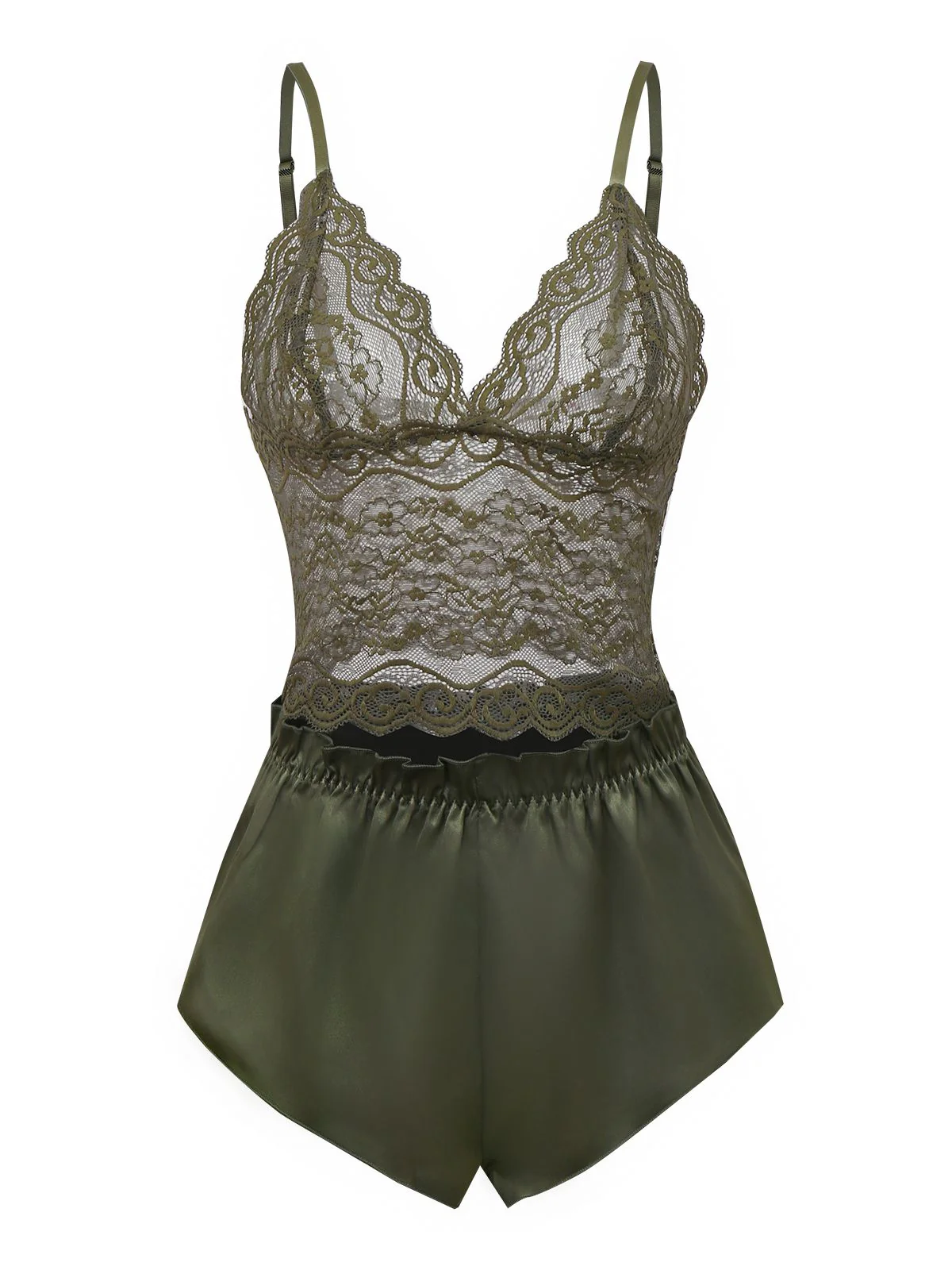 Green 1950s Solid Lace & Satin Pajama Set - Image 3