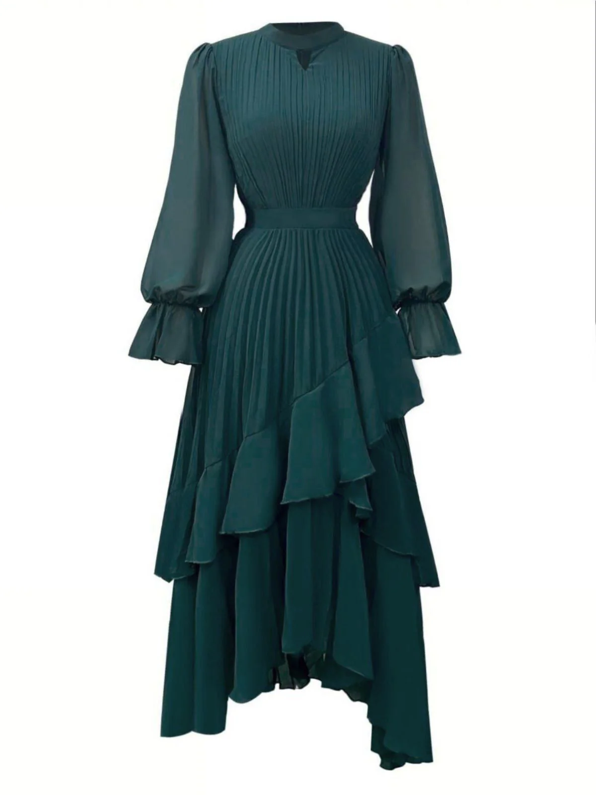 Green 1950s Solid Ruffled Hem Pleated Dress - Image 2