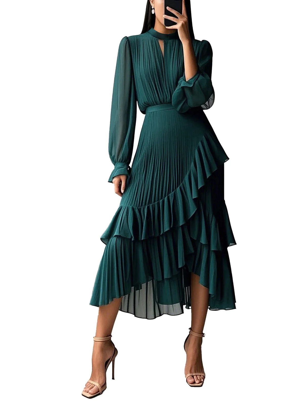 Green 1950s Solid Ruffled Hem Pleated Dress - Image 3