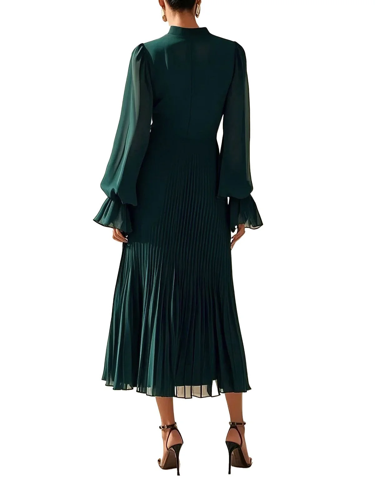Green 1950s Solid Ruffled Hem Pleated Dress - Image 4