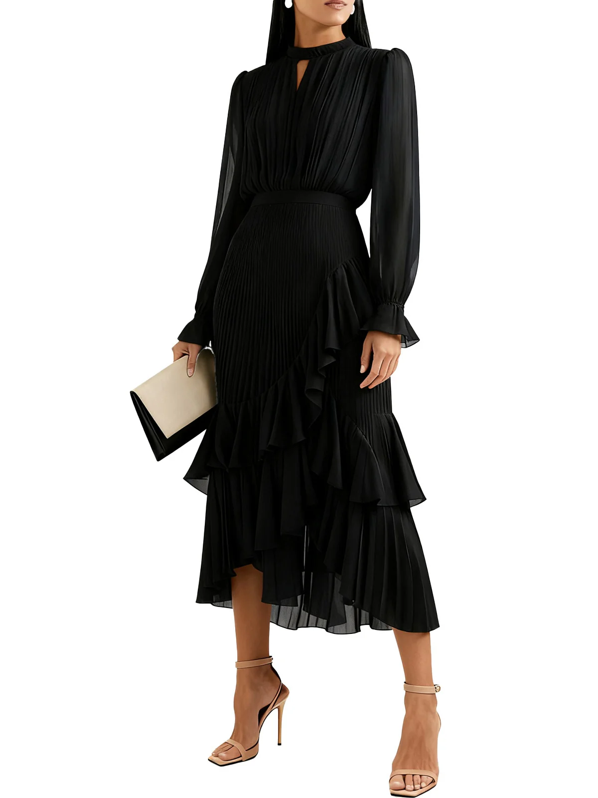 Green 1950s Solid Ruffled Hem Pleated Dress - Image 6