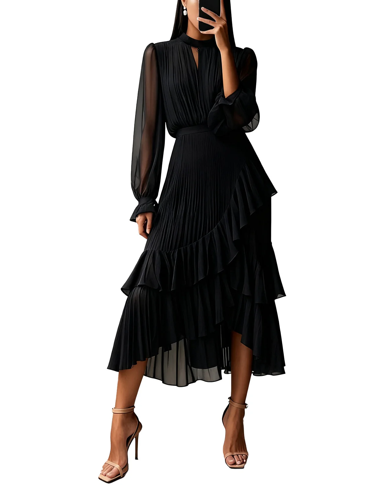 Green 1950s Solid Ruffled Hem Pleated Dress - Image 8