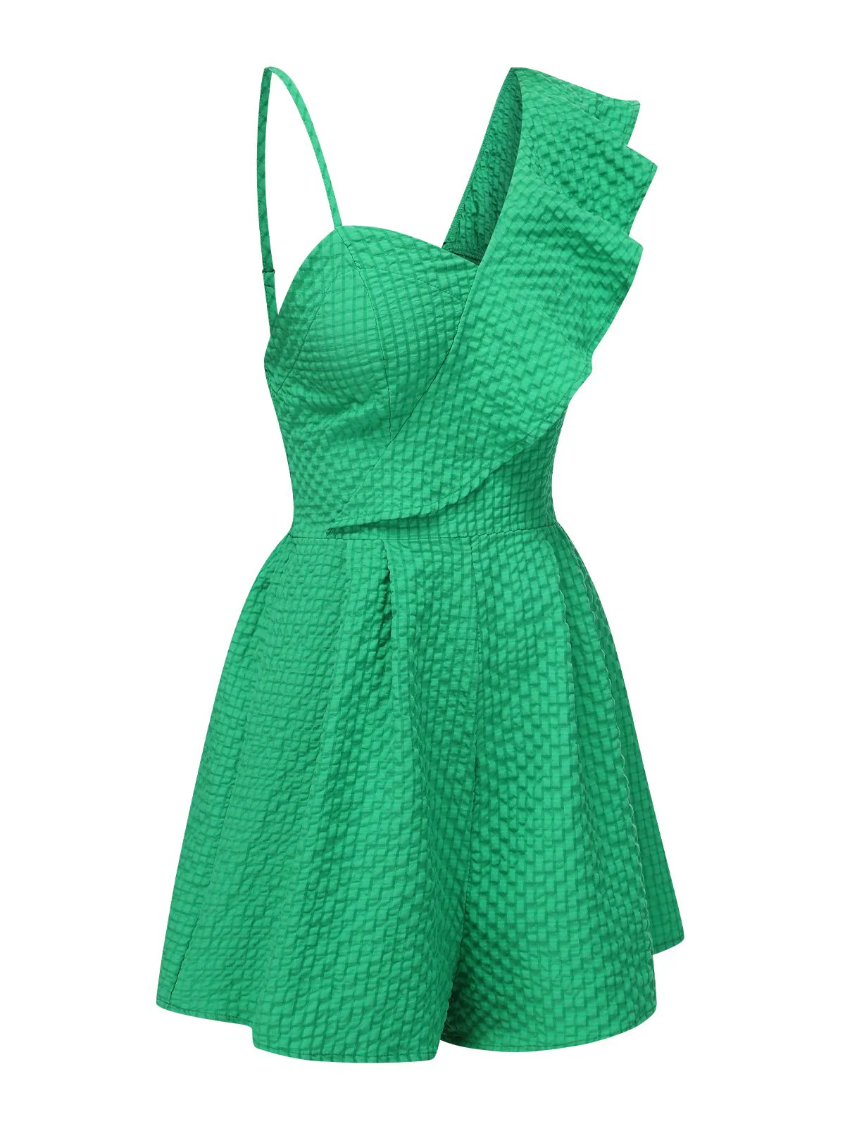 Green 1950s Suspender Ruffle Sleeves Textured Romper - Image 2