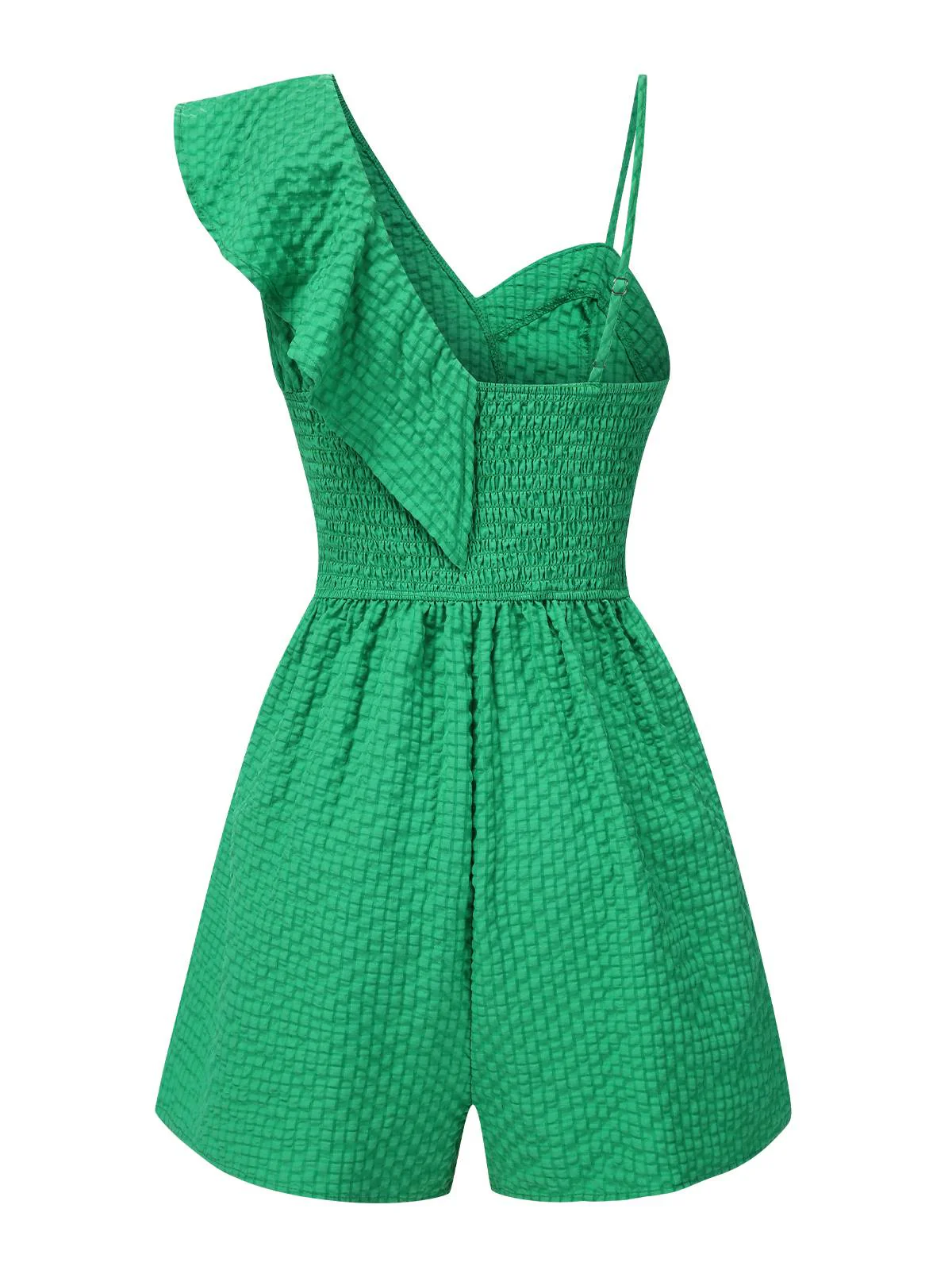 Green 1950s Suspender Ruffle Sleeves Textured Romper - Image 3