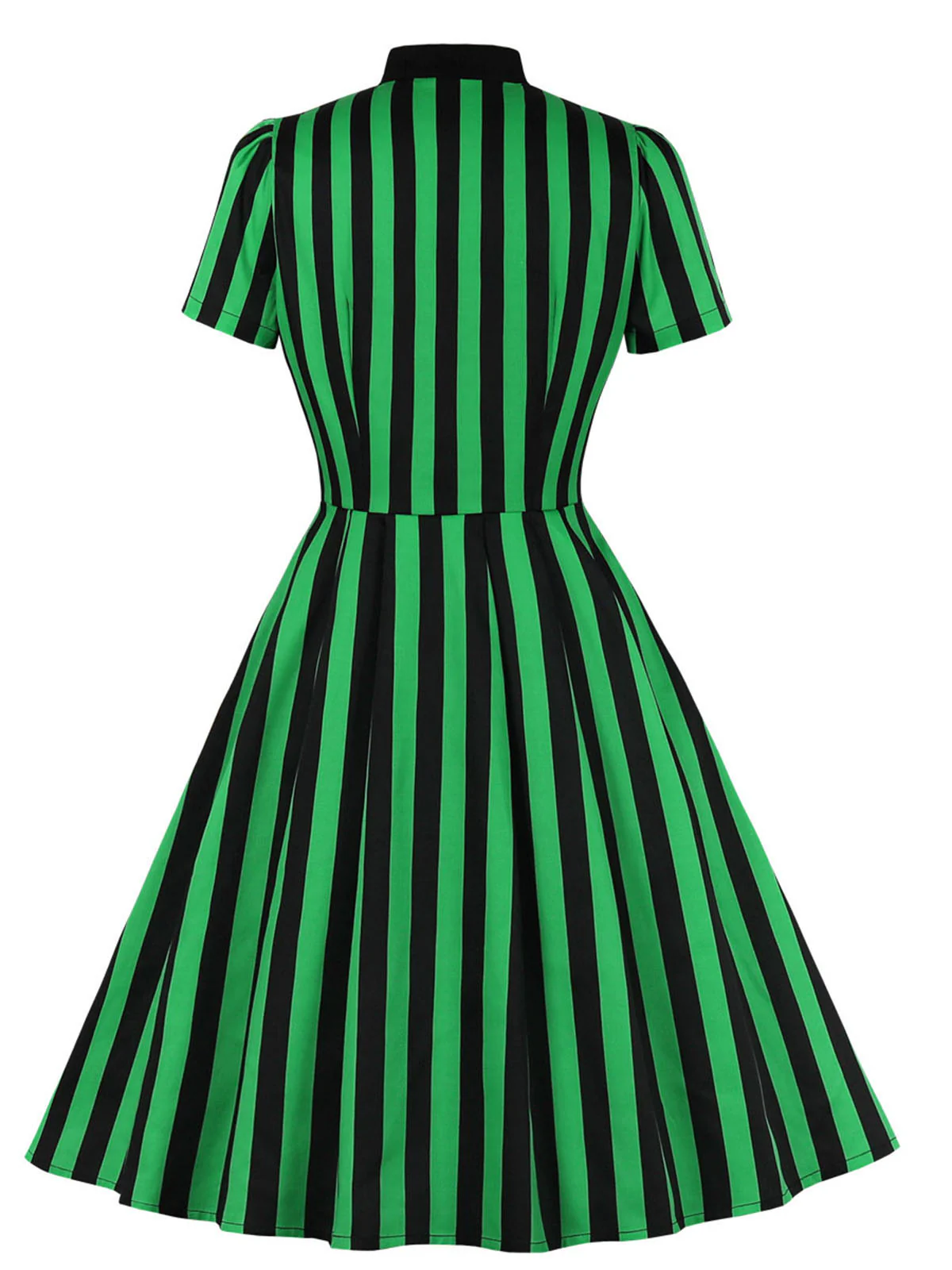 Green 1950s Tie Neck Button Black Stripes Dress - Image 2