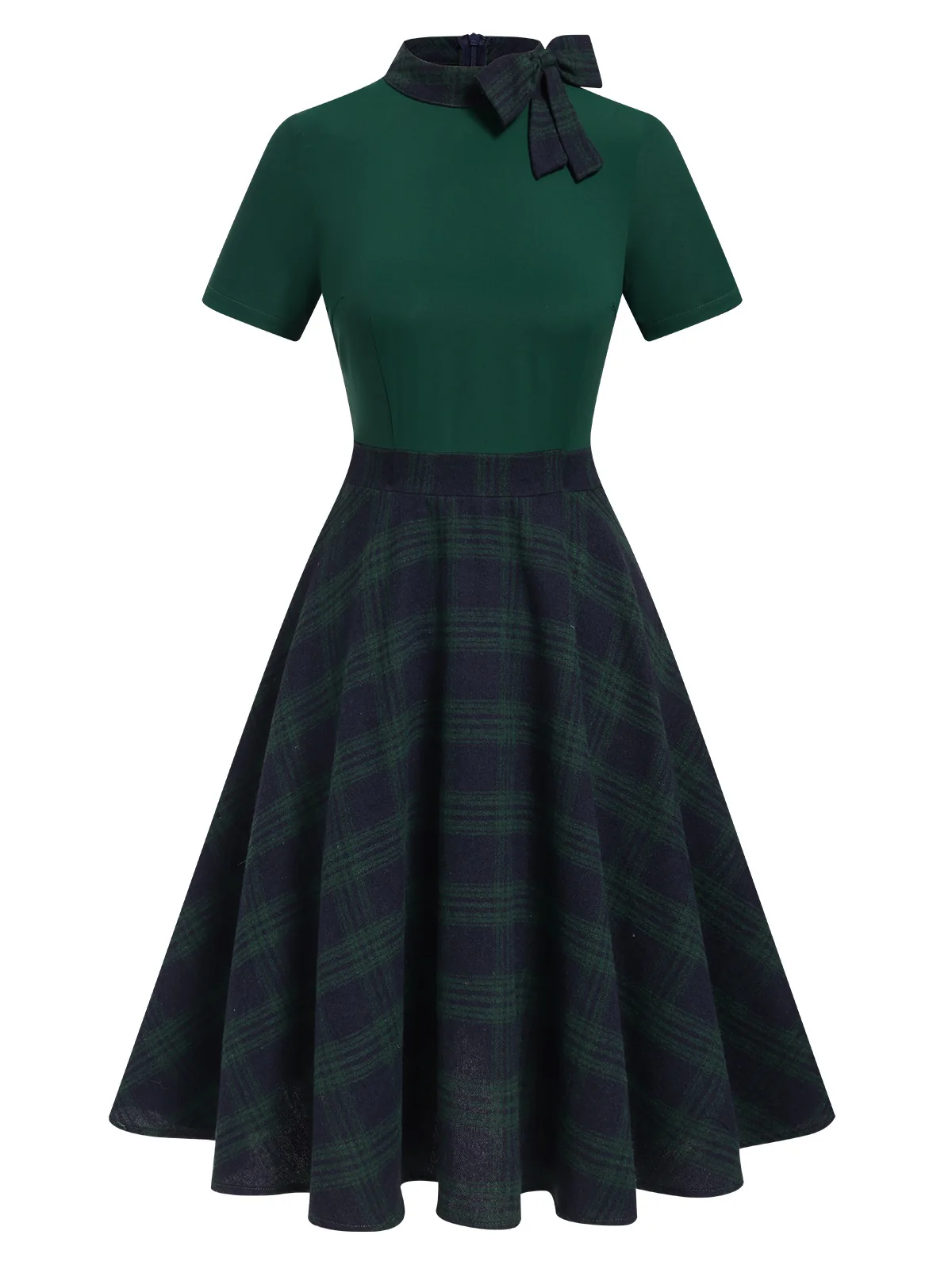 Green 1950s Tie Neck Plaids Patchwork Dress - Image 2