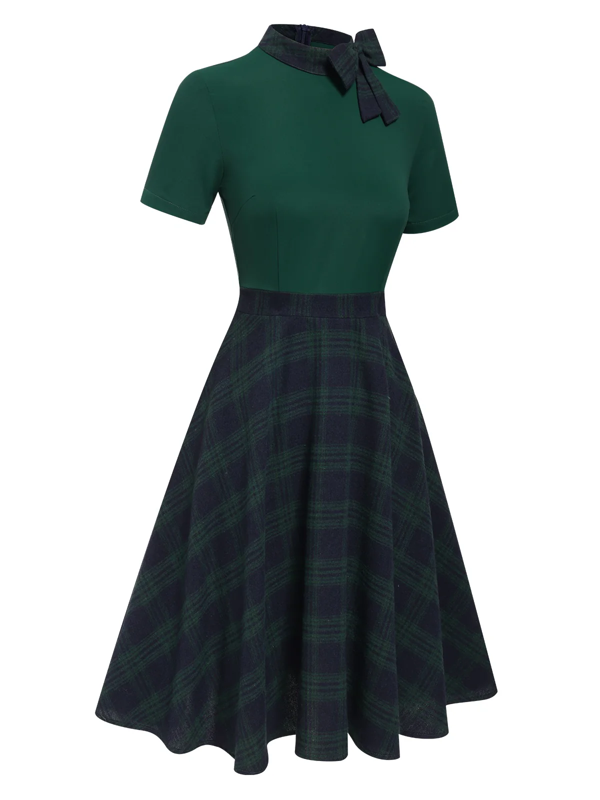 Green 1950s Tie Neck Plaids Patchwork Dress - Image 4