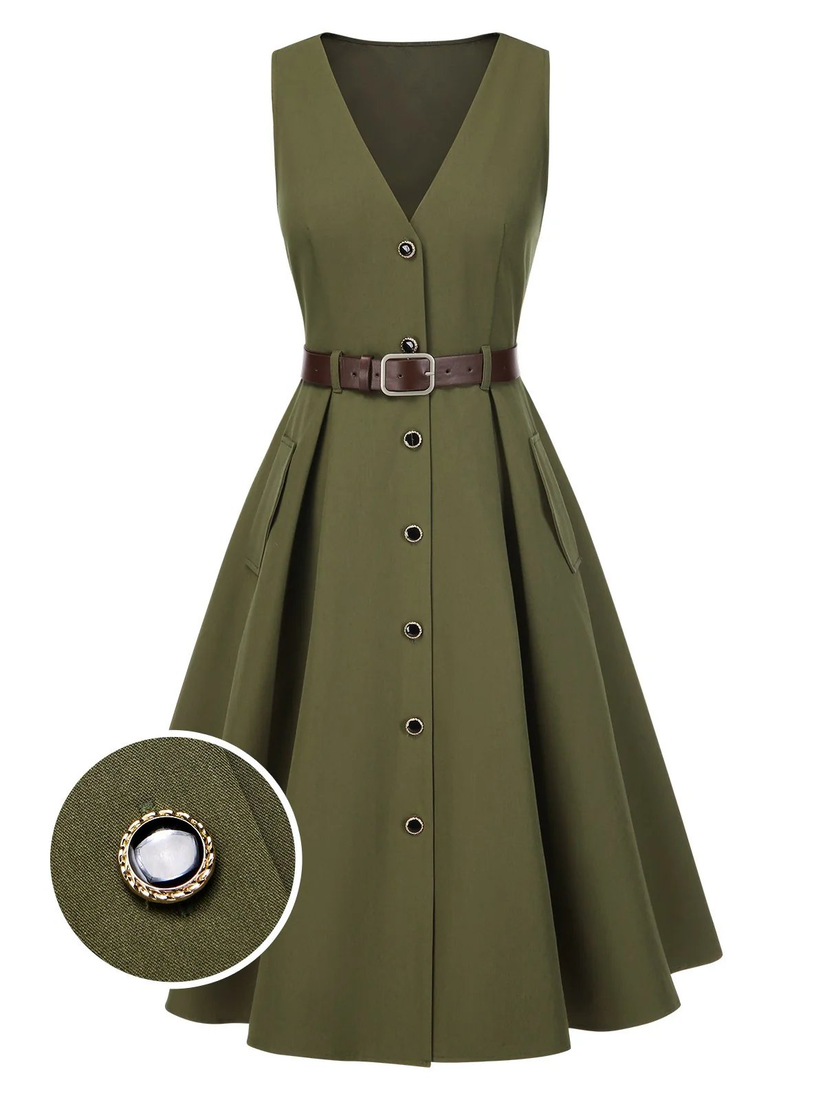 Green 1950s V-Neck Pockets Belted Vest Dress - Image 3