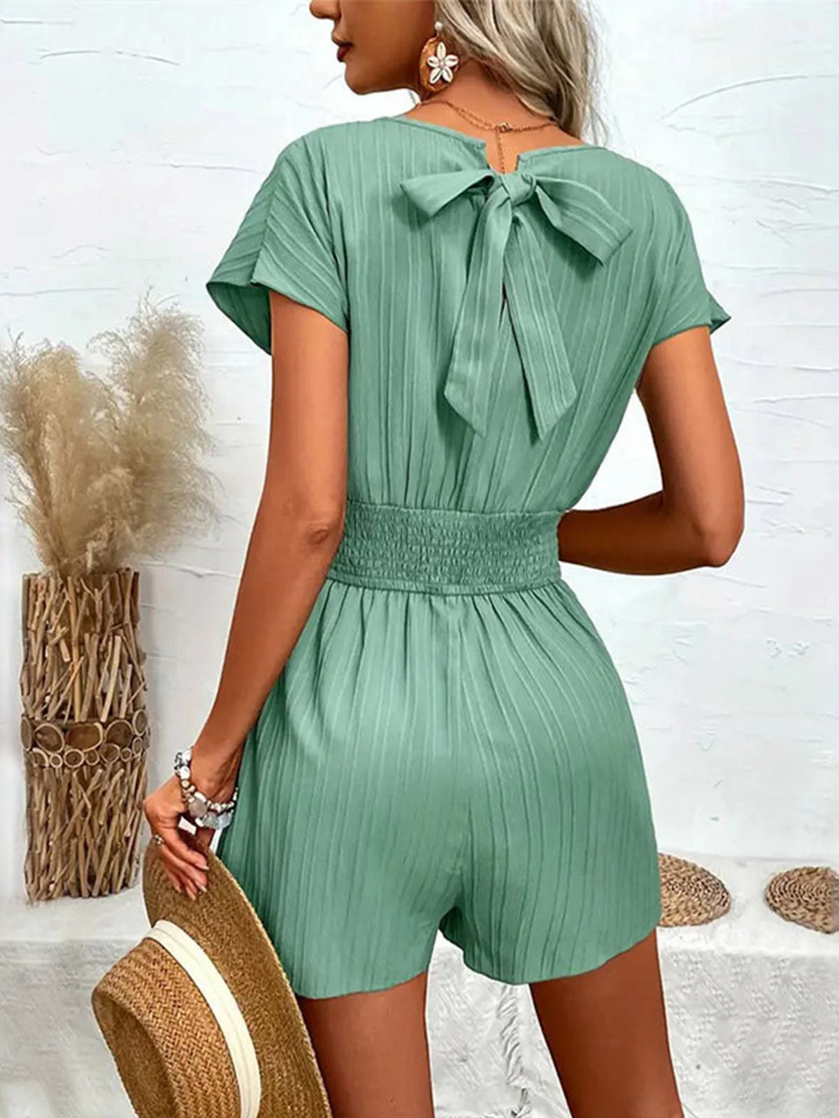 Green 1950s V-Neck Smocked Cap Sleeves Romper - Image 7