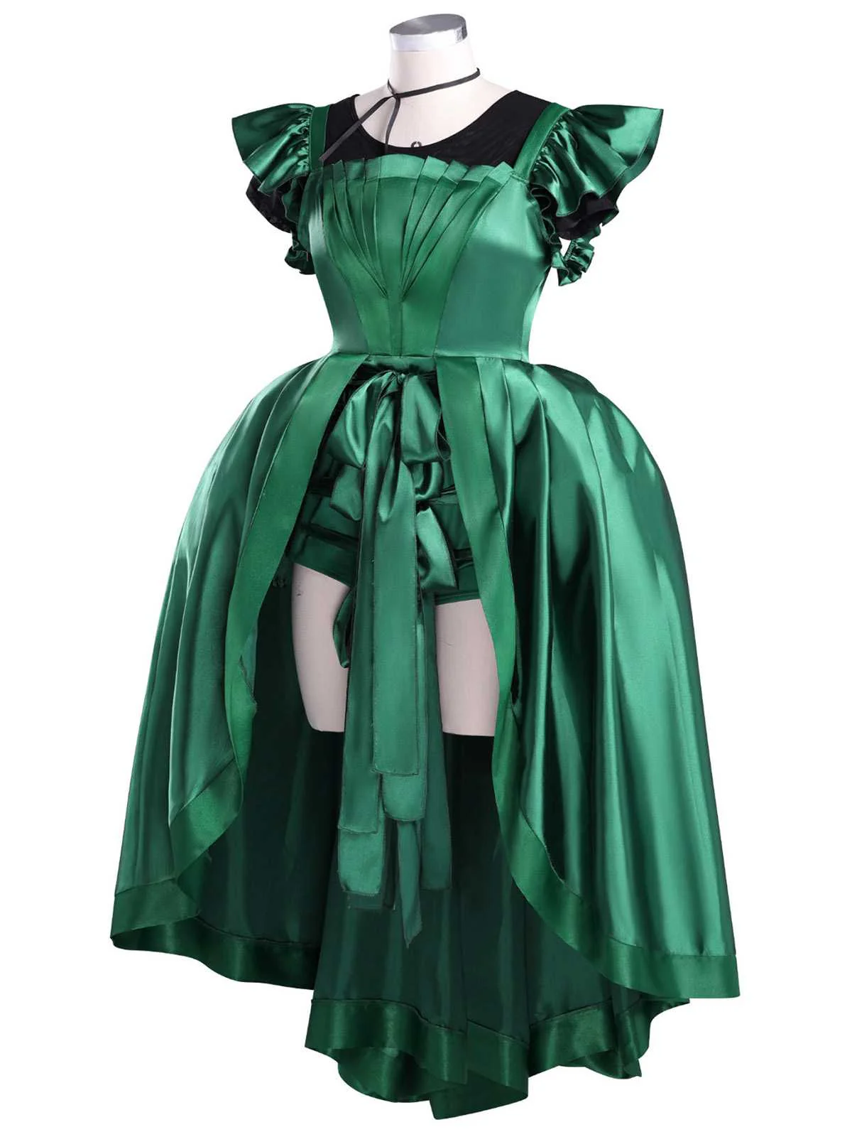 Green 1950s Wednesday Addams Inspired Satin Costume Set - Image 2