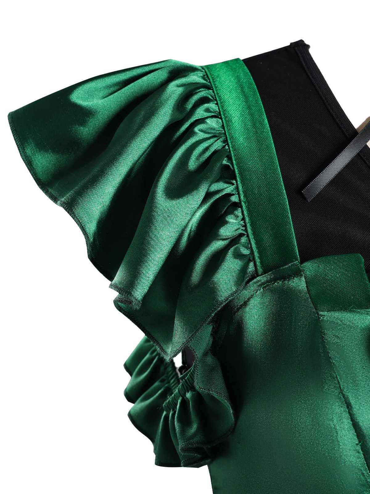 Green 1950s Wednesday Addams Inspired Satin Costume Set - Image 4