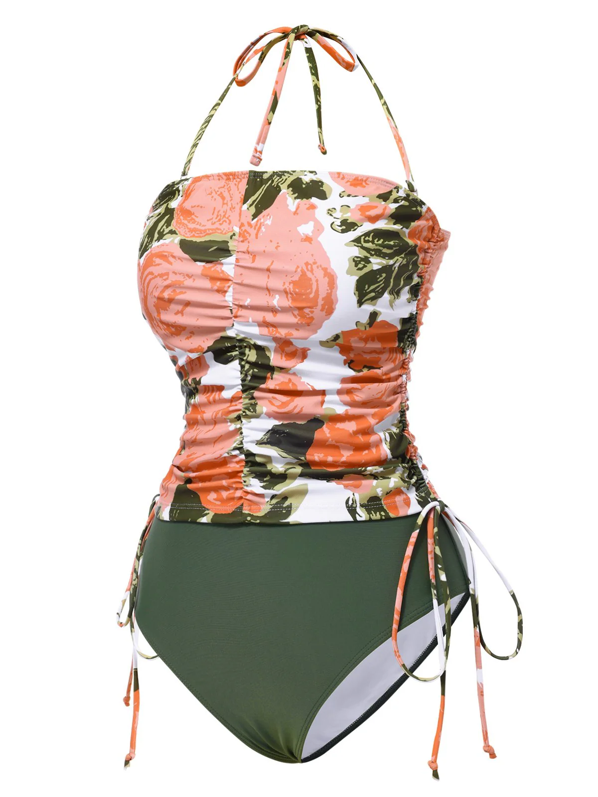 Green 1960s Bandeau Halter Floral Drawstring Swimsuit - Image 2