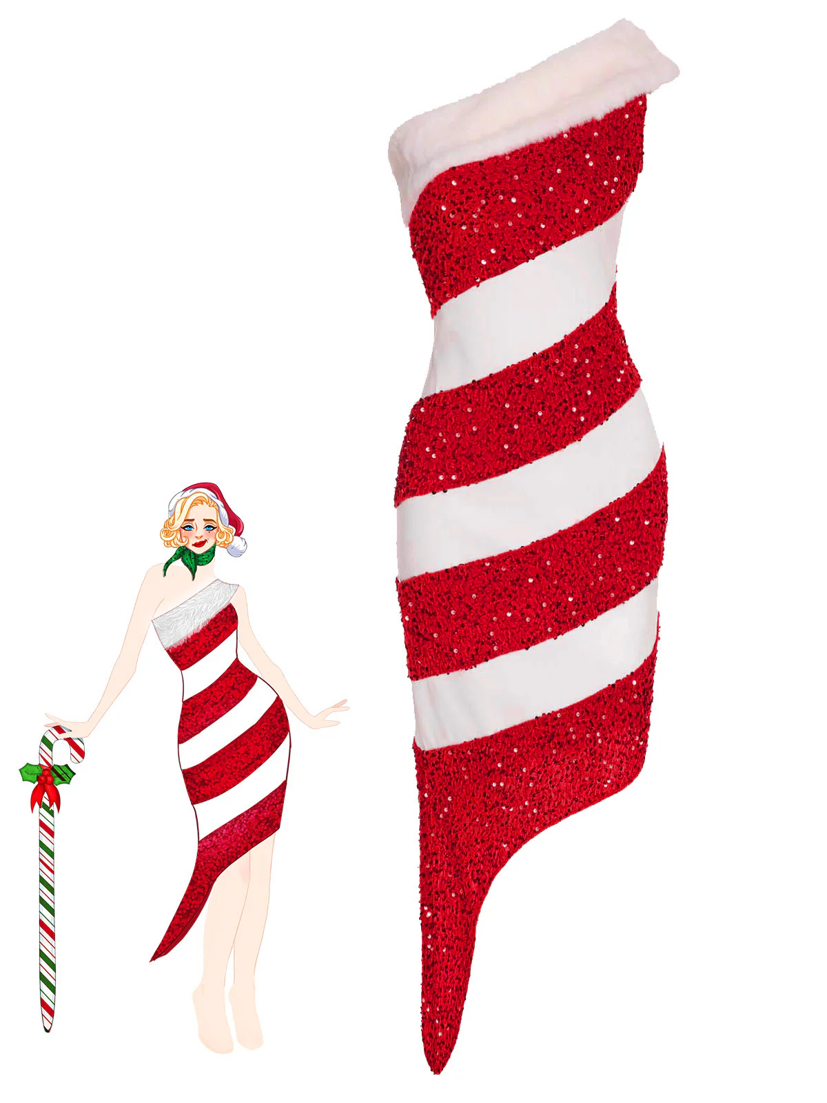 Green 1960s Candy Cane One-Shoulder Dress - Image 14