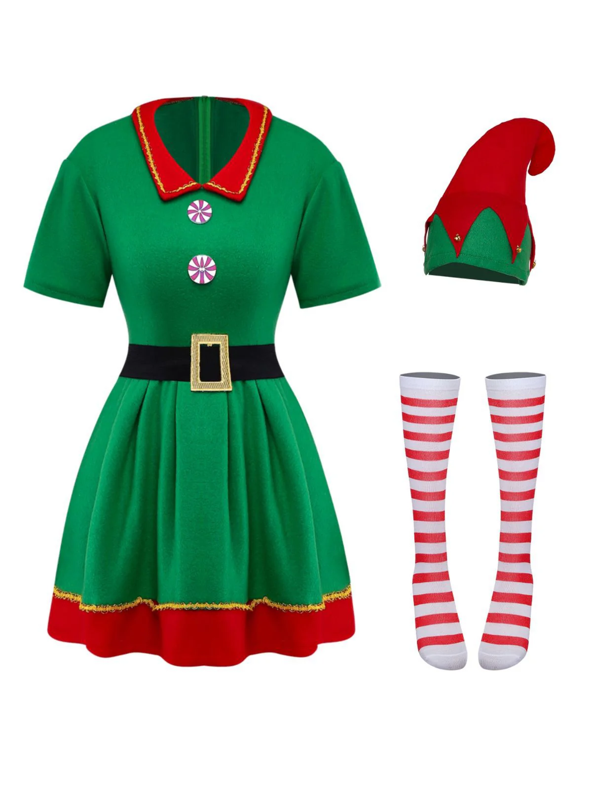 Green 1960s Christmas Elf Cosplay Costume Dress Set - Image 2