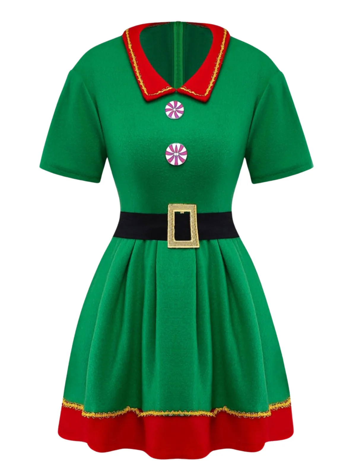 Green 1960s Christmas Elf Cosplay Costume Dress Set - Image 3