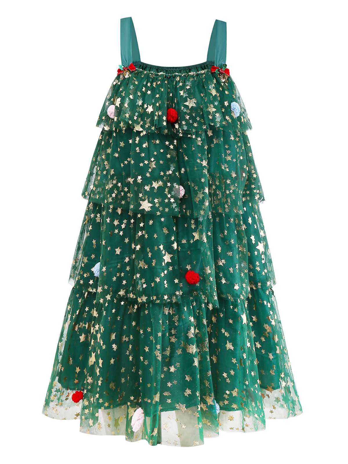 Green 1960s Christmas Tree Pom-Pom Balls Mesh Dress - Image 2